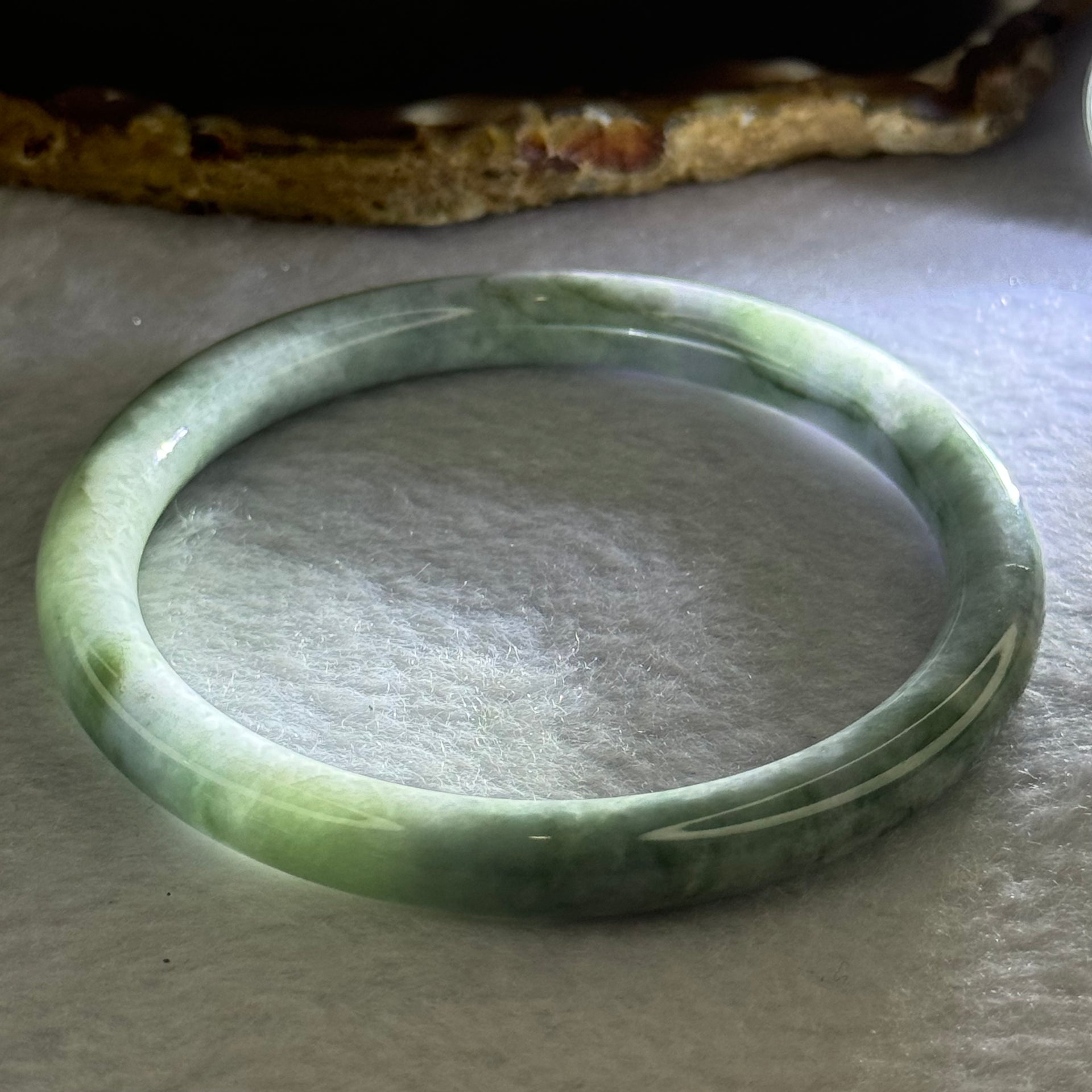 Type A Deep Lavender and Green Piao Hua Jadeite Bangle 30.98g Internal Diameter 59.1mm 8.1 by 7.4mm (Internal Line) - Huangs Jadeite and Jewelry Pte Ltd