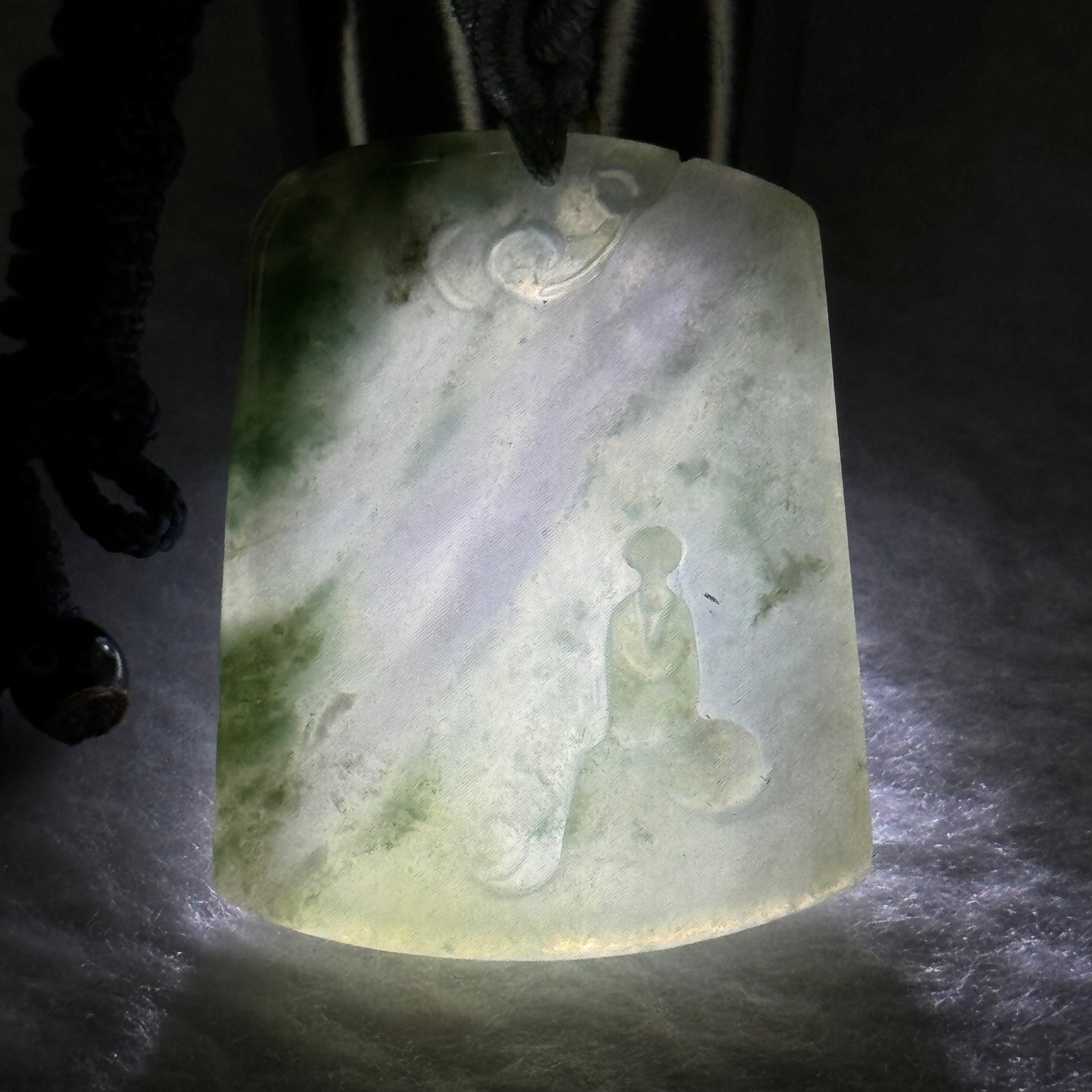 Type A Semi Icy Green Piao Hua Jadeite Shan Shui with Benefactor Gui Ren Pendent 13.79g 34.8 by 27.7 by 4.9mm - Huangs Jadeite and Jewelry Pte Ltd
