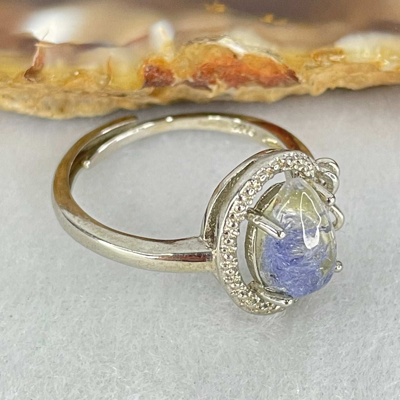 Rare Good Grade Natural Blue Dumortierite Rutilated Quartz in S925 Sliver Ring (Adjustable Size) 2.23g 9.8 by 6.7 by 3.6mm - Huangs Jadeite and Jewelry Pte Ltd