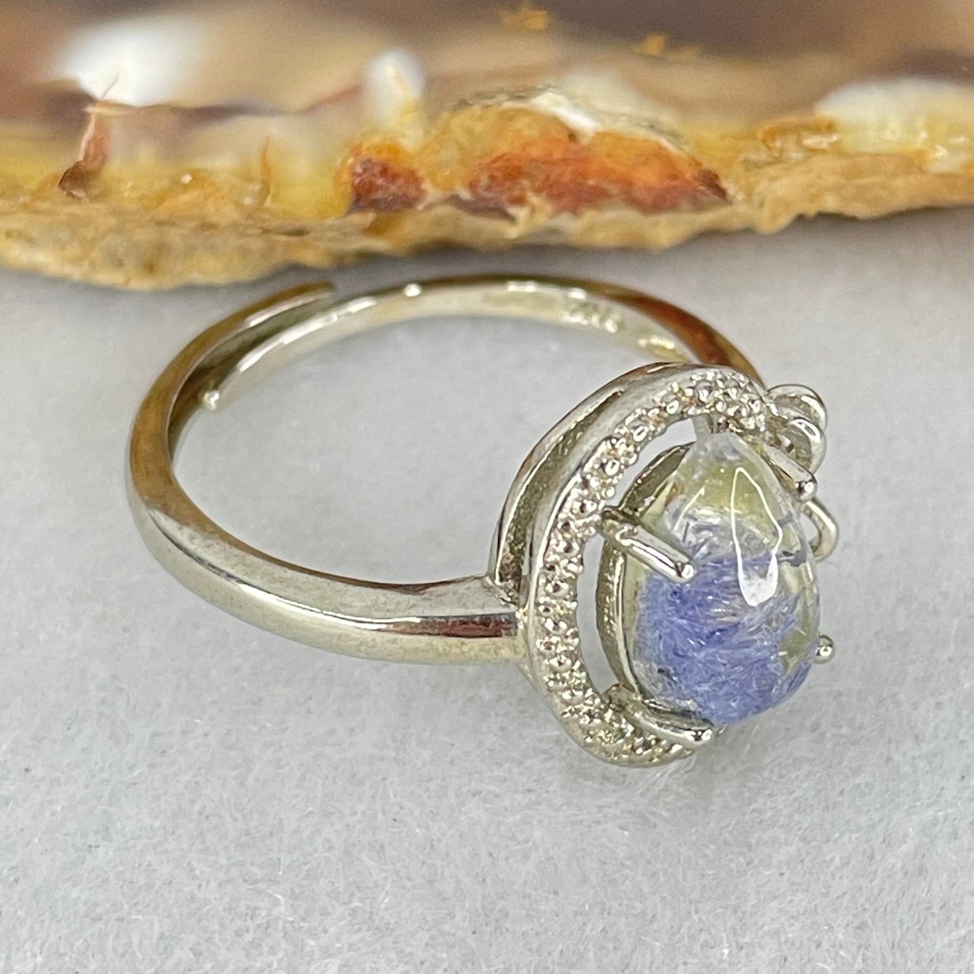 Rare Good Grade Natural Blue Dumortierite Rutilated Quartz in S925 Sliver Ring (Adjustable Size) 2.23g 9.8 by 6.7 by 3.6mm - Huangs Jadeite and Jewelry Pte Ltd
