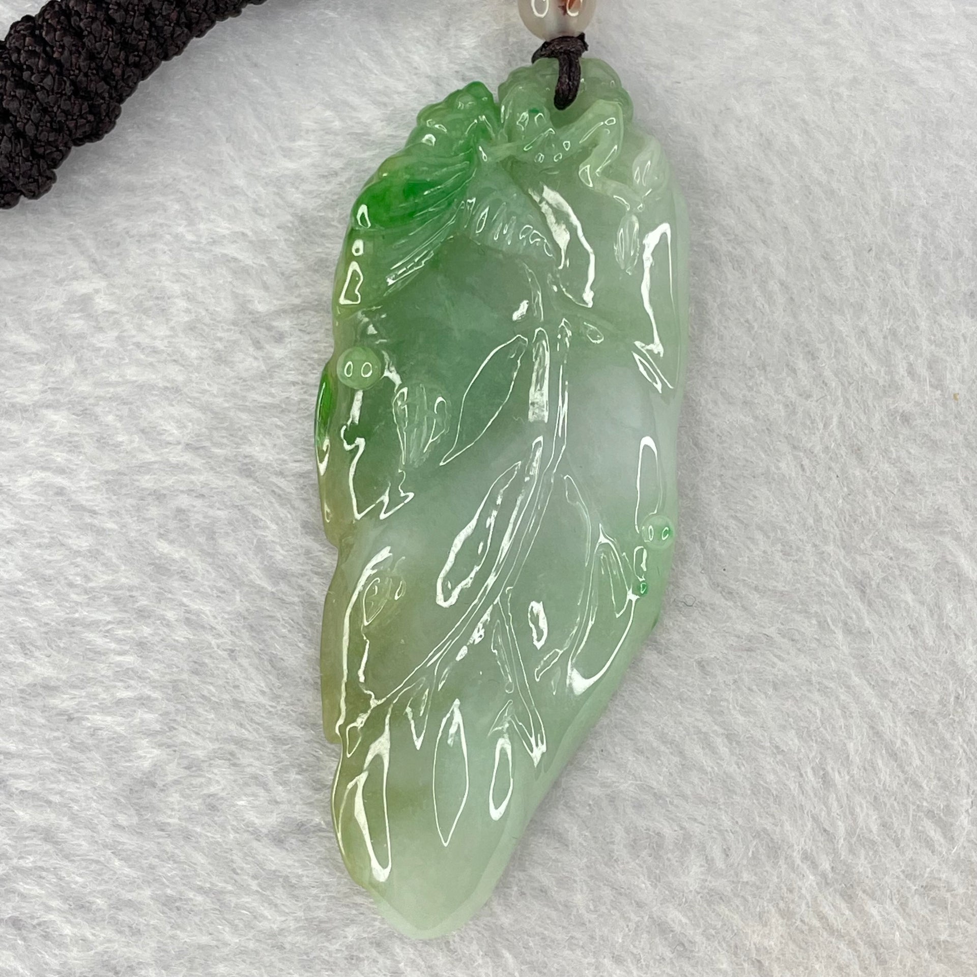 Type A Light Green with Green Jadeite Bee on Leaf Pendent 22.23g 67.2 by 27.8 by 7.0mm - Huangs Jadeite and Jewelry Pte Ltd