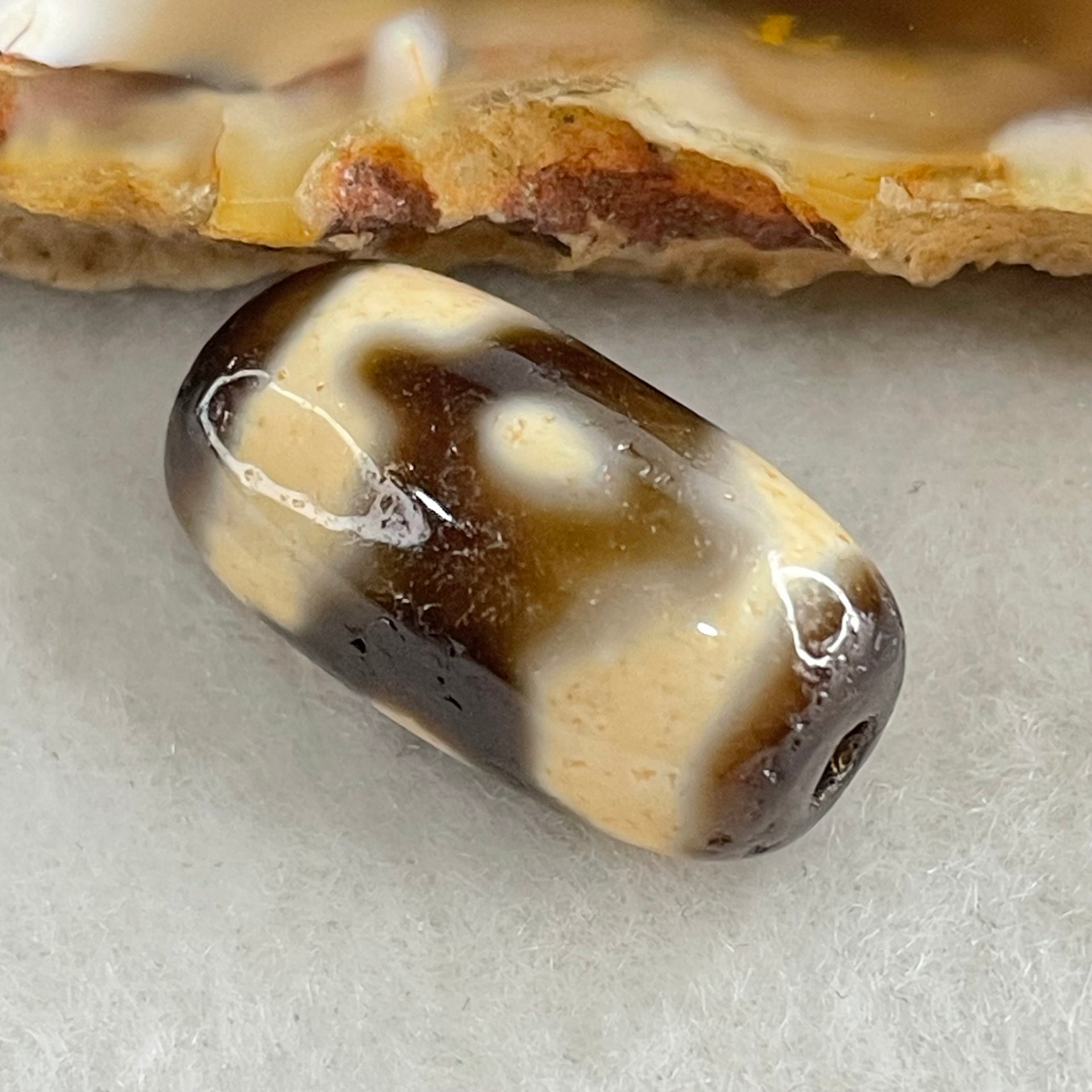 Natural Powerful Tibetan Old Oily Agate 3 Eyes Dzi Bead Heavenly Master (Tian Zhu) 三眼天诛 3.10g 18.5 by 10.1mm - Huangs Jadeite and Jewelry Pte Ltd