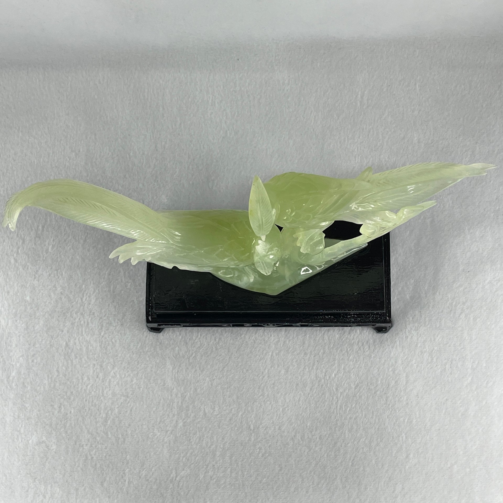 Natural Green Serpentine Double Phoenix with Wooden Stand Display 411.1g 25.0 by 70.0 by 170.0mm - Huangs Jadeite and Jewelry Pte Ltd