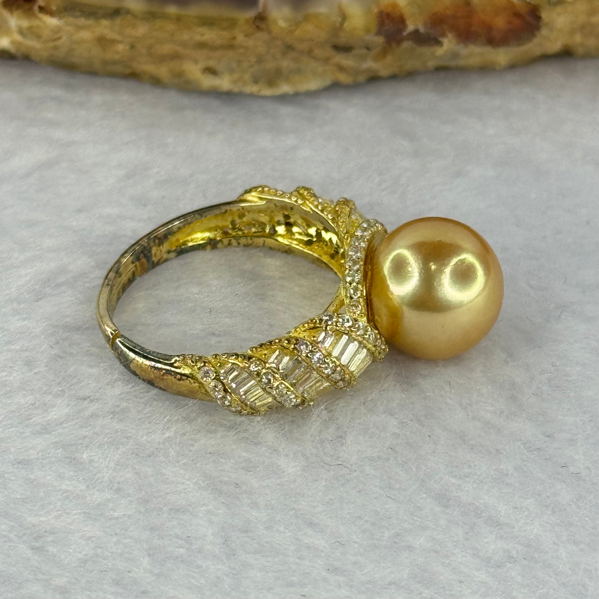 Natural Pearl with Crystals In 925 Sliver Gold Colour Ring (Adjustable Size) 4.15g 9.8 by 9.8mm (Slightly Tarnished) - Huangs Jadeite and Jewelry Pte Ltd