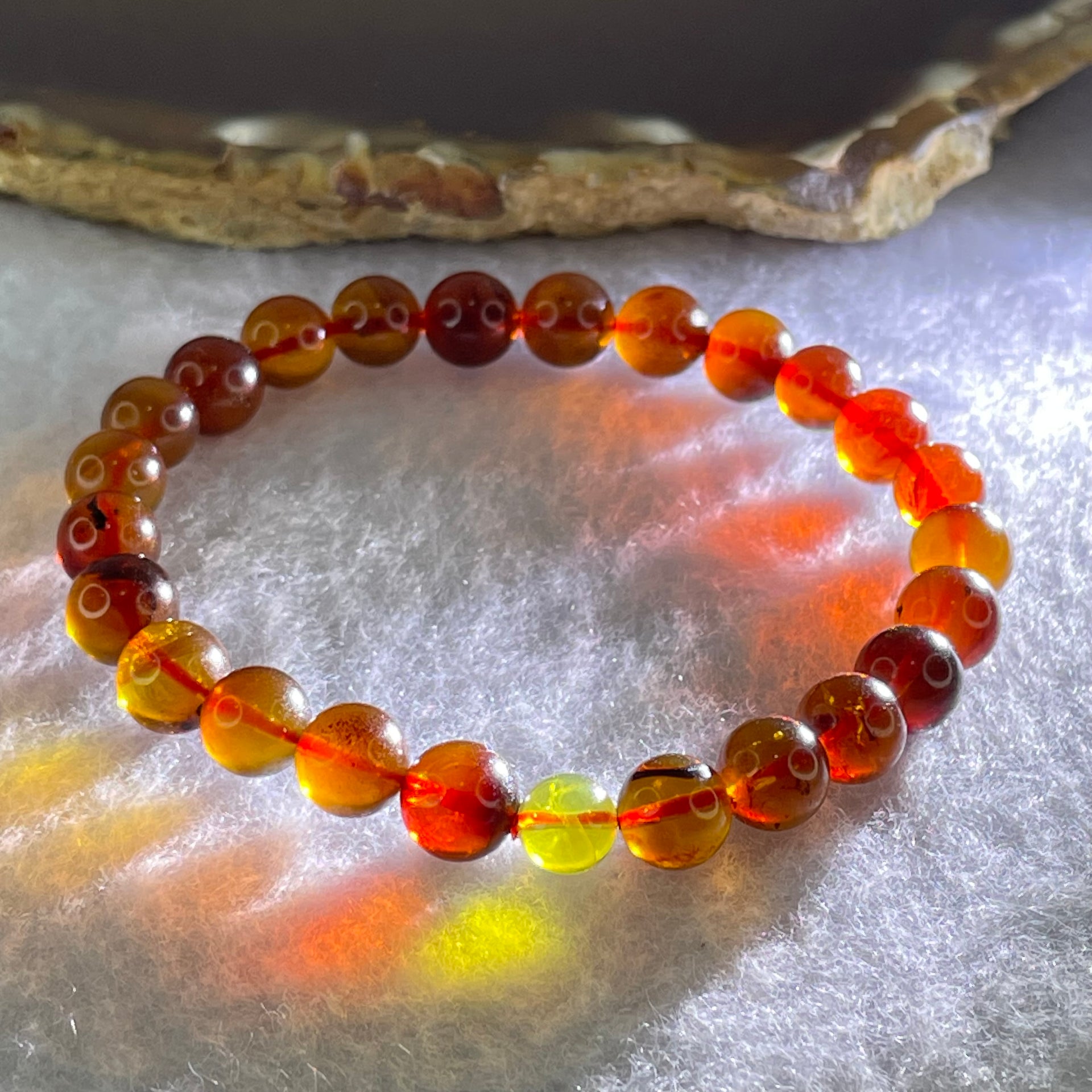 Natural Blood Red with Yellow Amber Beads Bracelet 4.88g 15cm 7.4mm 25 Beads - Huangs Jadeite and Jewelry Pte Ltd