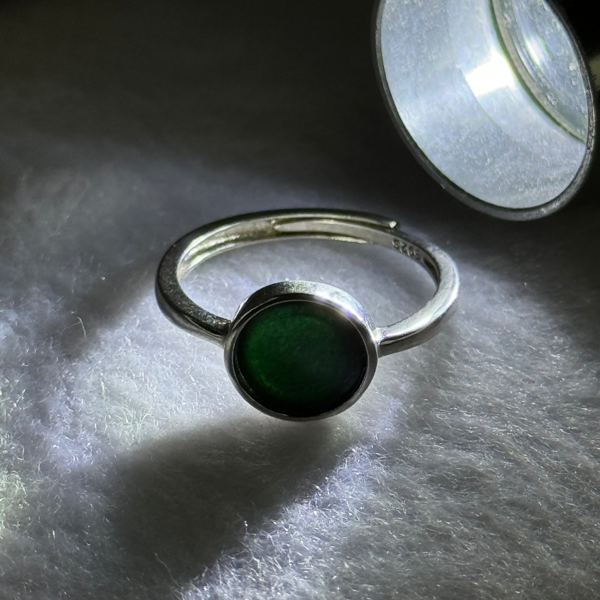 Type A Translucent Black Omphasite Jadeite Round Shape in S925 Sliver Ring (Adjustable Size) 1.51g 8.0 by 2.0mm - Huangs Jadeite and Jewelry Pte Ltd