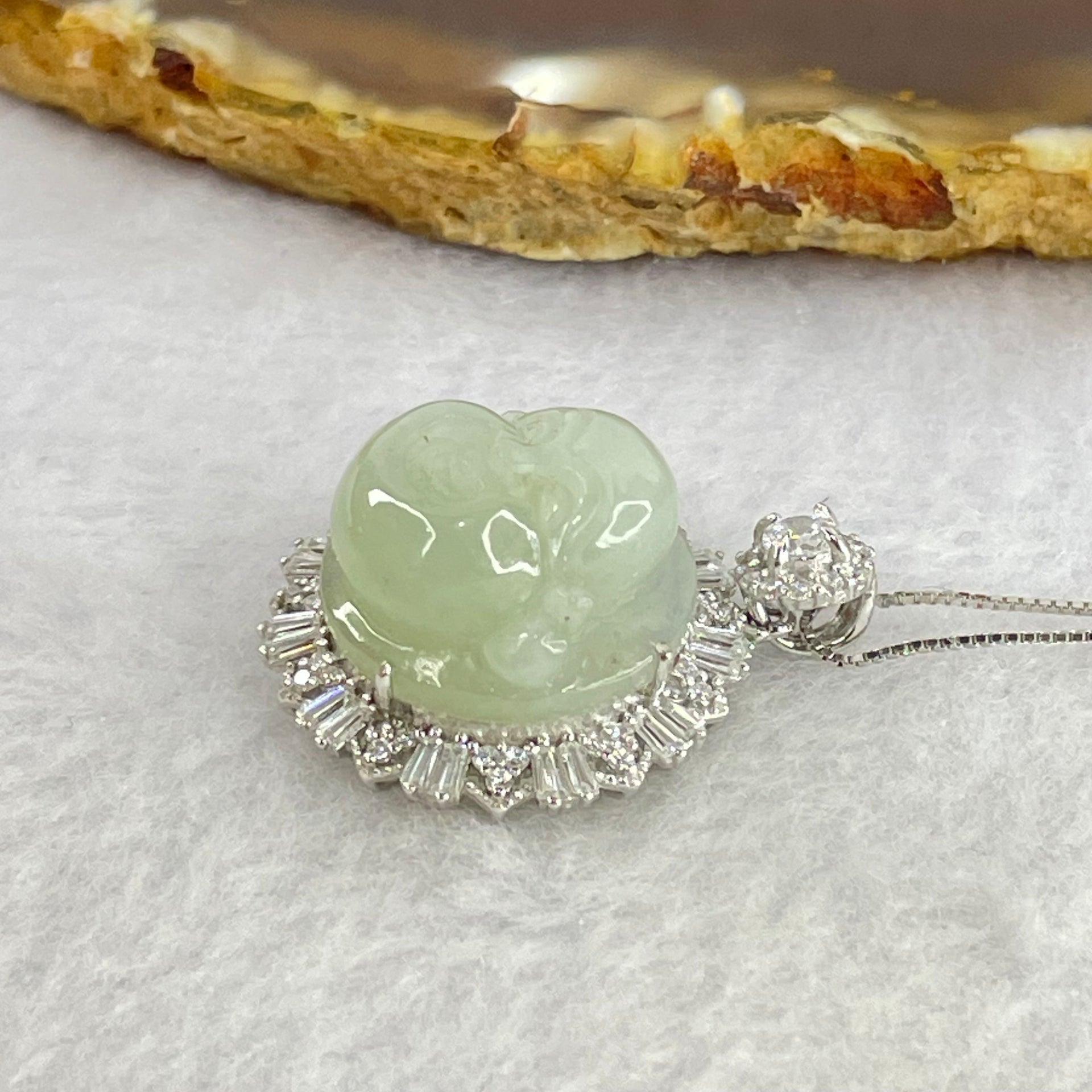 Type A Faint Green Milo Buddha with Crystals in S925 Sliver Pendant and Necklace 7.61g 16.2 by 16.2 by 8.5mm - Huangs Jadeite and Jewelry Pte Ltd