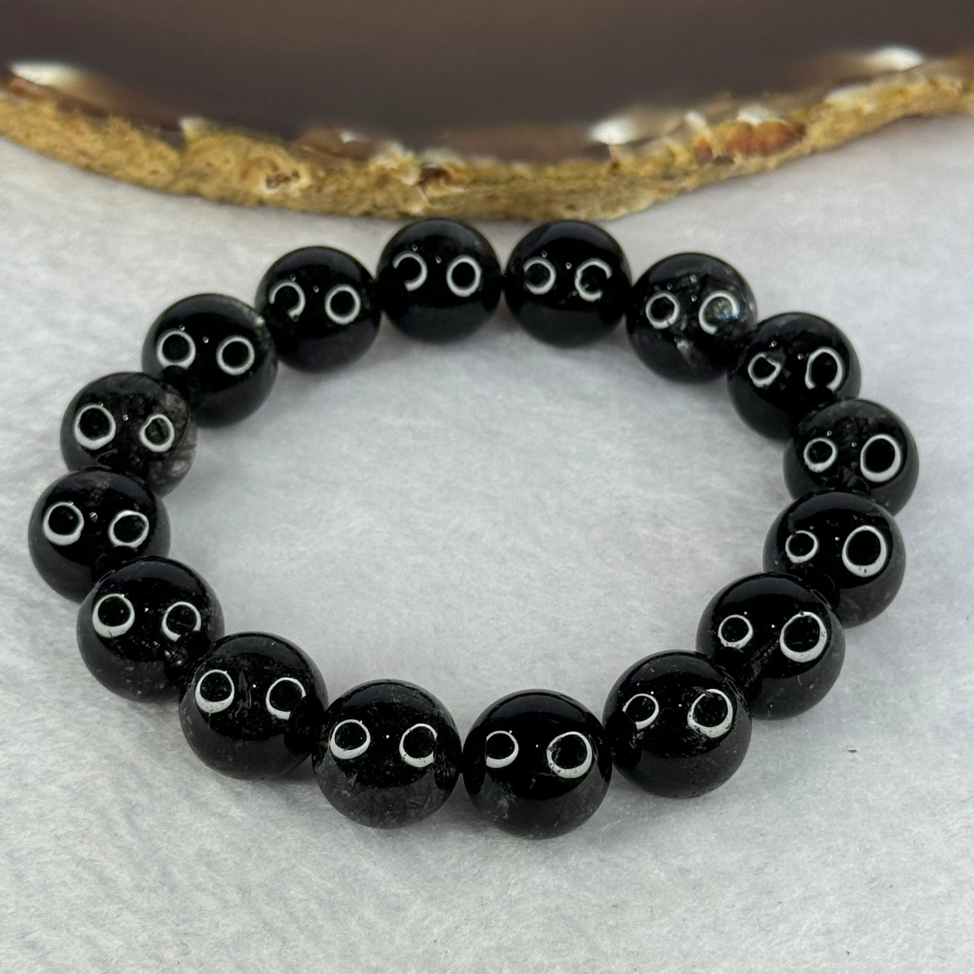 Natural Black Rutilated Quartz Beads Bracelet 天然黑发水晶手链 45.82g 17.5cm 12.8mm 16 Beads - Huangs Jadeite and Jewelry Pte Ltd