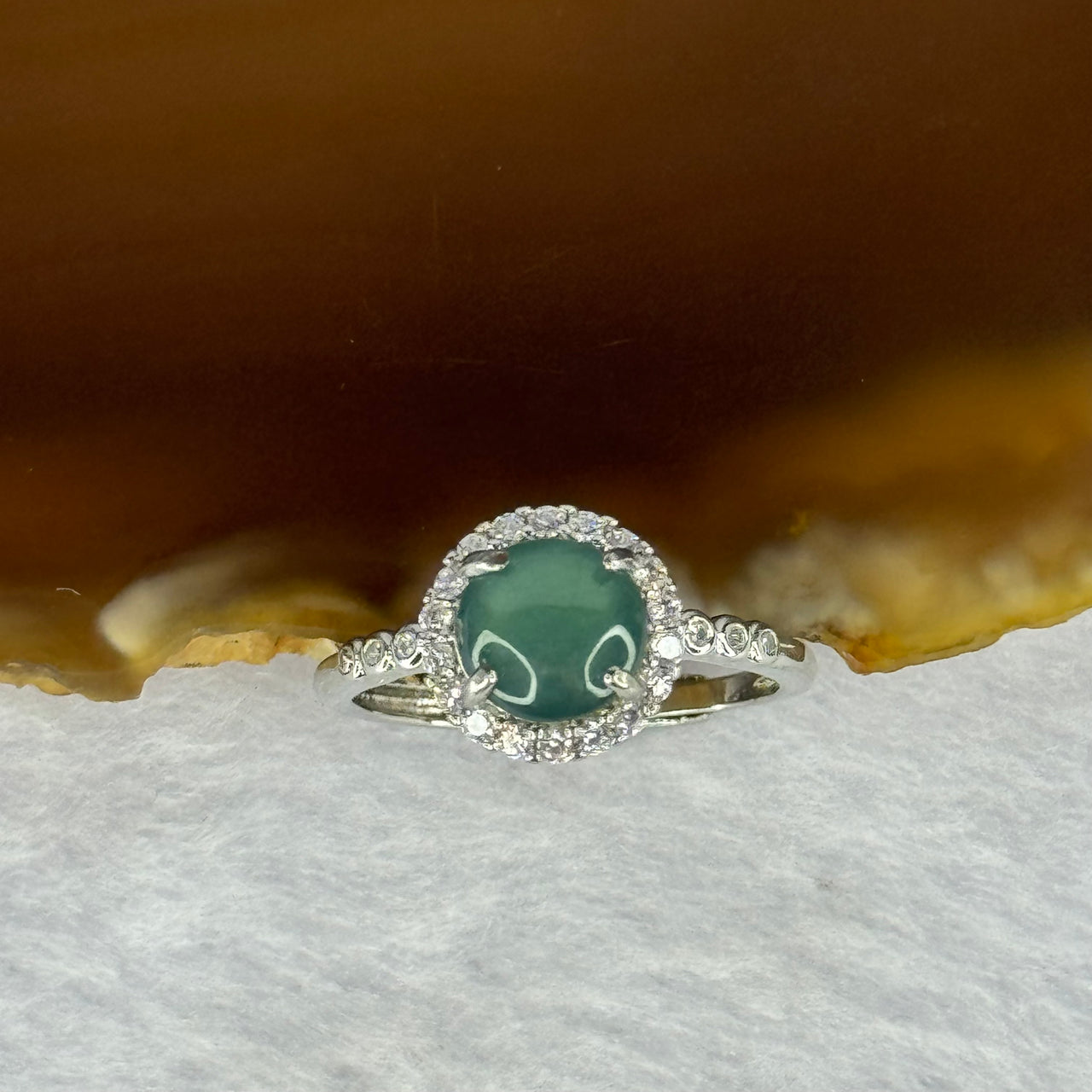 Type A Icy Blueish Green Jadeite with Crystals in Sliver Ring (Adjustable Size) 1.61g 6.9 by 2.5mm - Huangs Jadeite and Jewelry Pte Ltd
