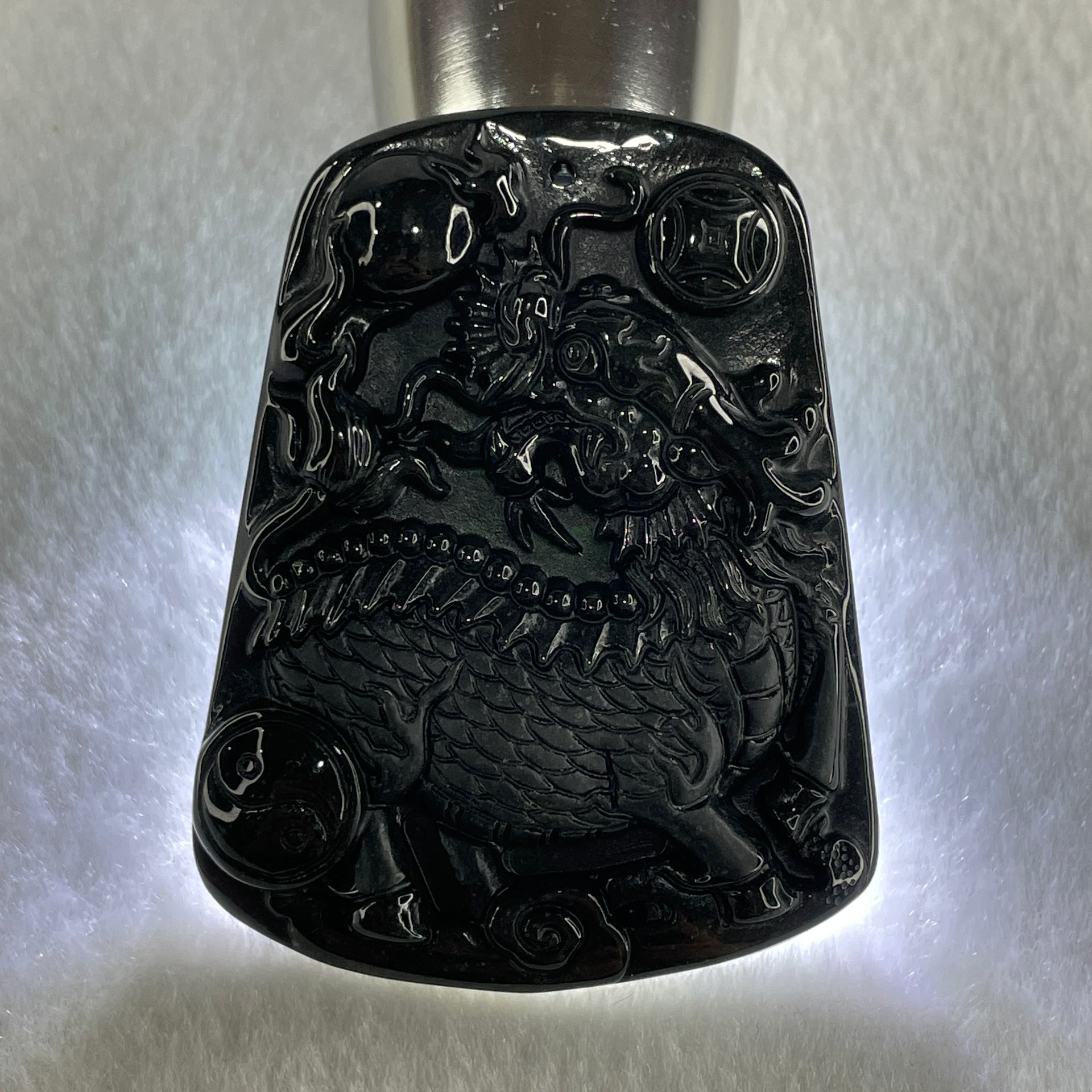 Type A Opaque to Partial Translucent Black Omphacite Jadeite Kirin Qilin Pendant 30.64g 55.7 by 43.5 by 8.5mm - Huangs Jadeite and Jewelry Pte Ltd