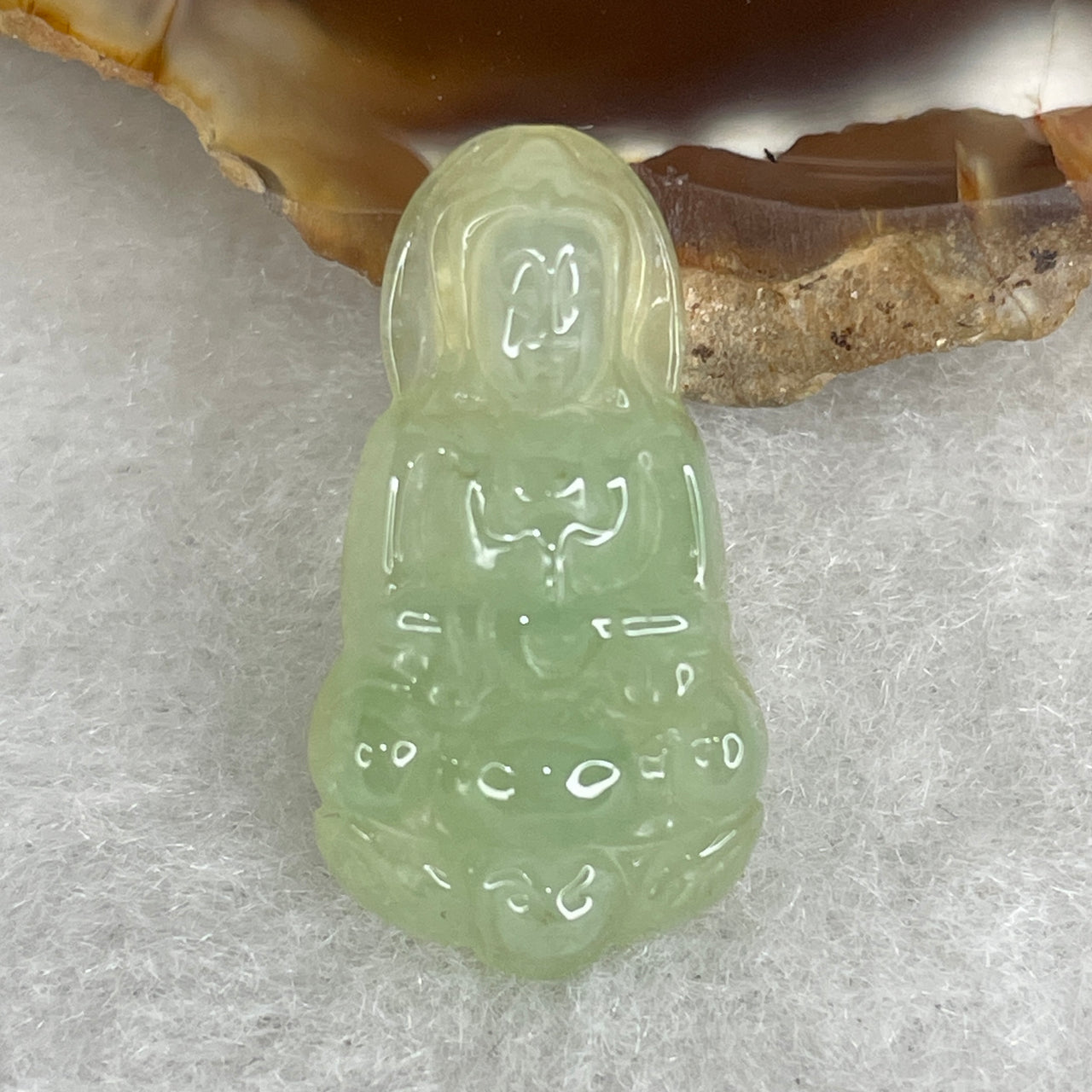 Natural Type A Semi-Icy Light Blueish Green Jadeite Guan Yin Pendant | 23.7mm Carved Goddess of Mercy Peace Amulet (2.70g 23.7x12.7x6.0mm)
