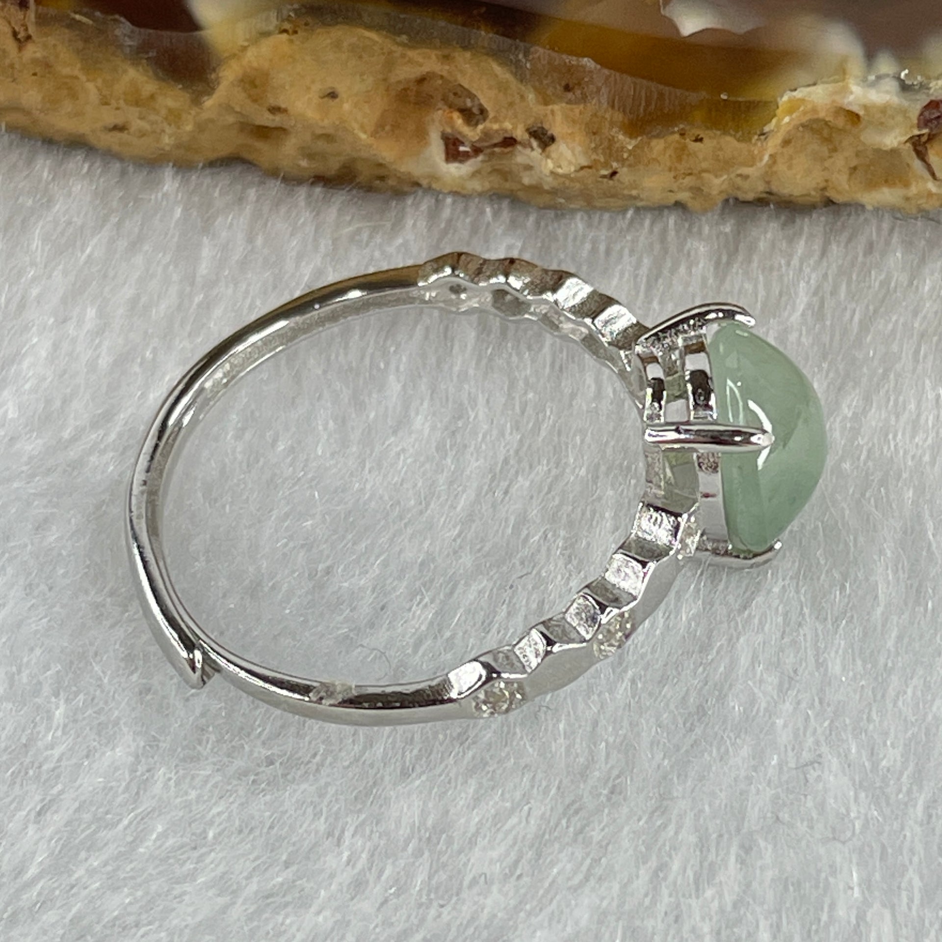 Natural Type A Semi Icy Faint Green Jadeite Round Shape Cabouchon with Cubic Zirconia in S925 Silver Ring (Adjustable Size) 1.44g 7.9 by 4.5mm - Huangs Jadeite and Jewelry Pte Ltd