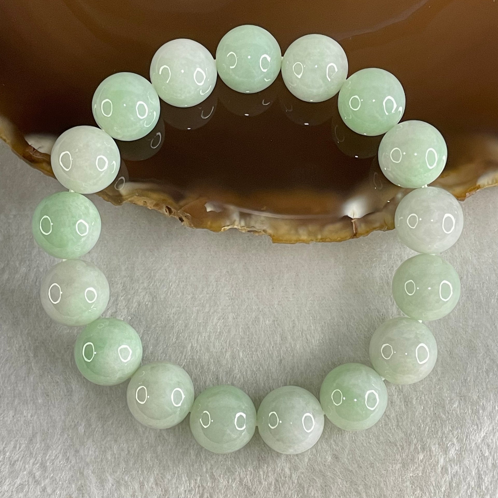 Type A Light Green Jadeite Beads Bracelet 51.61g 16.5cm 12.1mm 17 Beads - Huangs Jadeite and Jewelry Pte Ltd