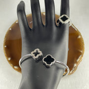 Certified-Natural-Type-A-Black-Omphacite-Jadeite-4-Leafs-Clover-in-S925-Sliver-Set-of-Earrings-6.6-by-6.4mm-Ring-and-Bracelet-9.9-by-8.9mm-Pendant-17.0-by-14.0mm-Total-21.55g
