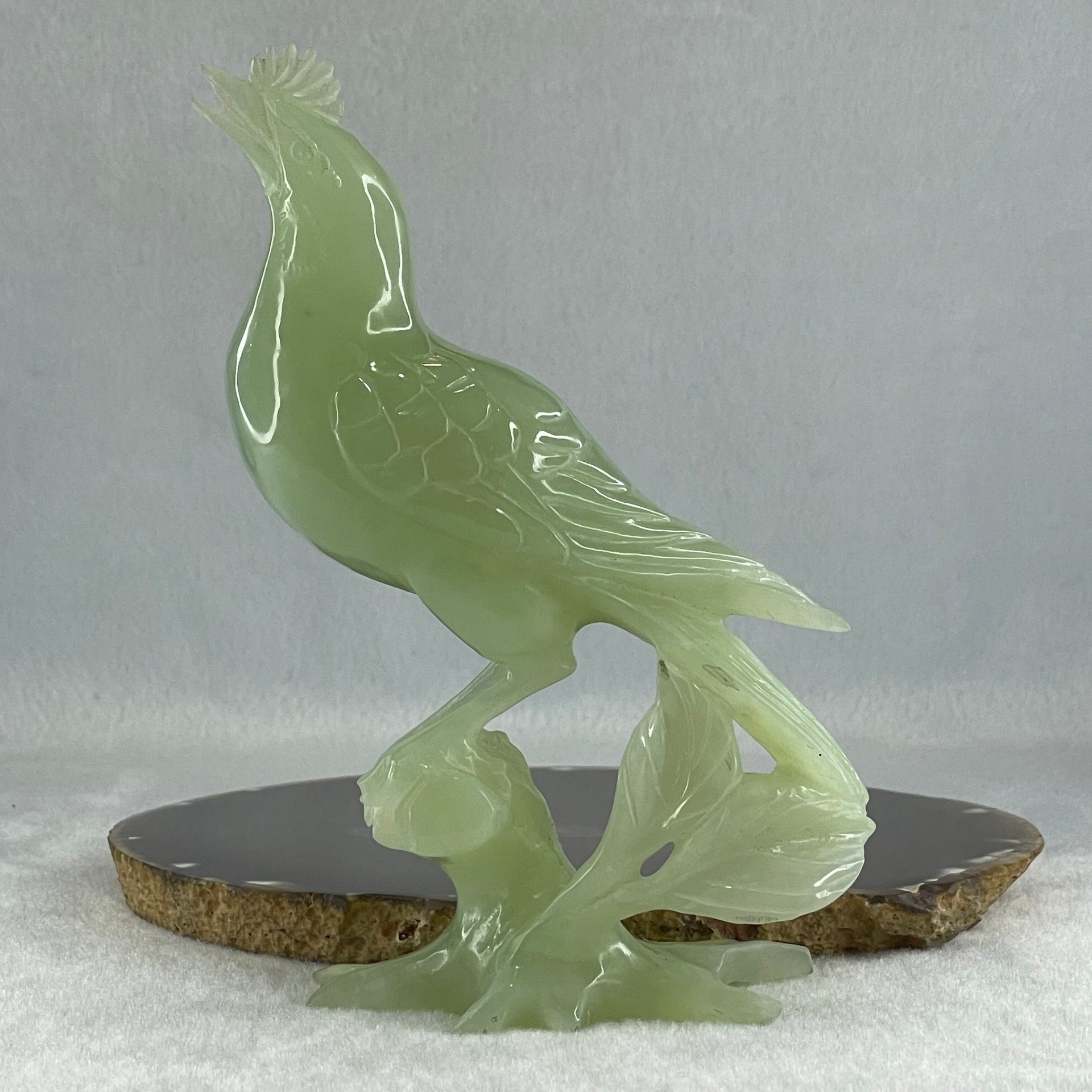 Natural Green Serpentine Bird with Wooden Stand Display 316.4g 117.3 by 76.2 by 175.0mm - Huangs Jadeite and Jewelry Pte Ltd