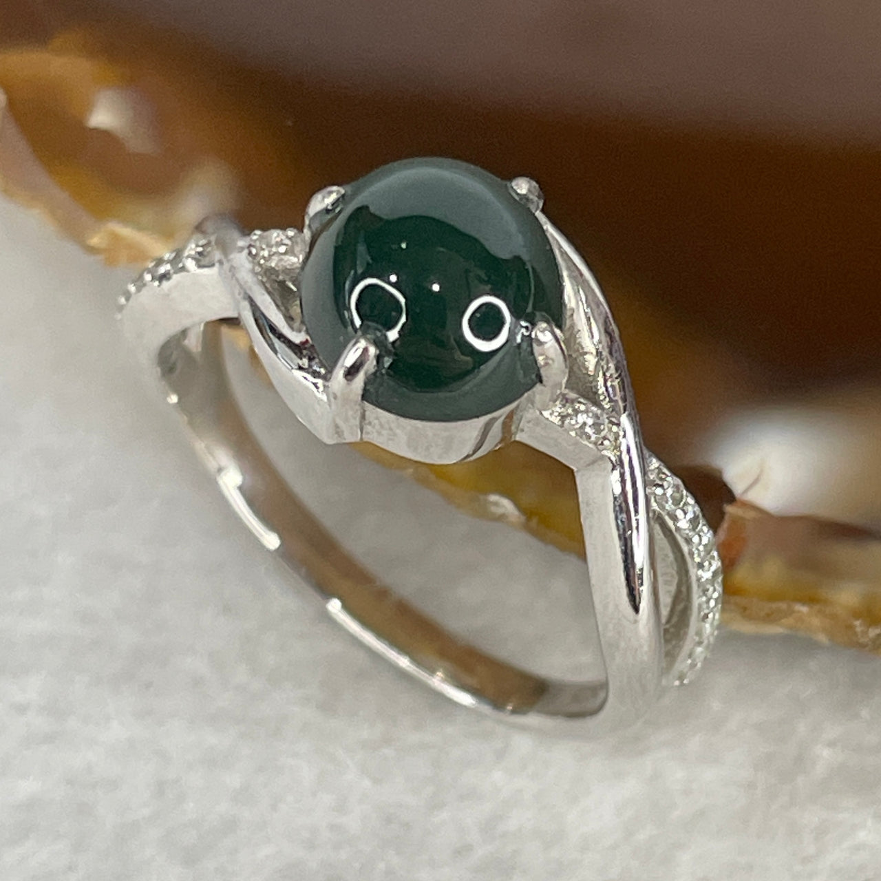 Type A Icy Blueish-Green Jadeite High-Dome Cabochon Ring | Liquid-Glass Translucent Cushion Orb | Solid S925 Sterling Silver Setting | Smart Adjustable Sizing (2.46g 8.8x7.8x4.0mm)