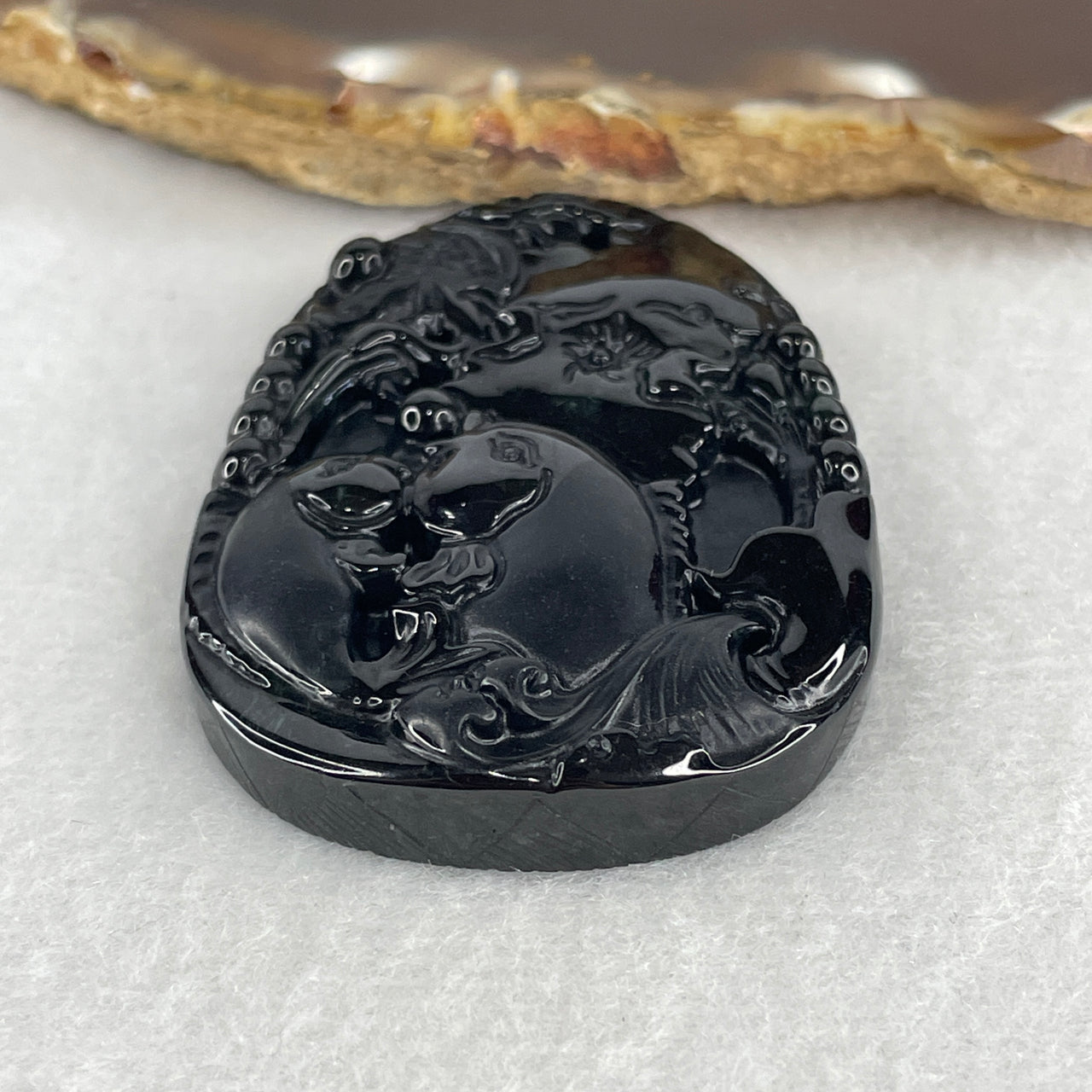 Wealth, Abundance and Good Luck - Certified Natural Type A Black Omphacite Jadeite Twins Fish with Crane and Lotus Leaf Pendant 23.74g 51.9 by 38.2 by 8.4mm
