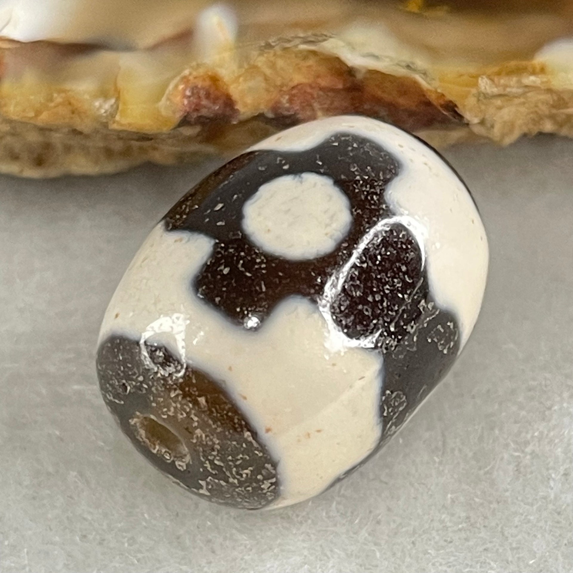 Natural Powerful Tibetan Old Oily Dark Brown With White Agate 3 Eyes Dzi Bead Heavenly Master (Tian Zhu) 三眼天诛 5.05g 17.8 by 13.5mm - Huangs Jadeite and Jewelry Pte Ltd