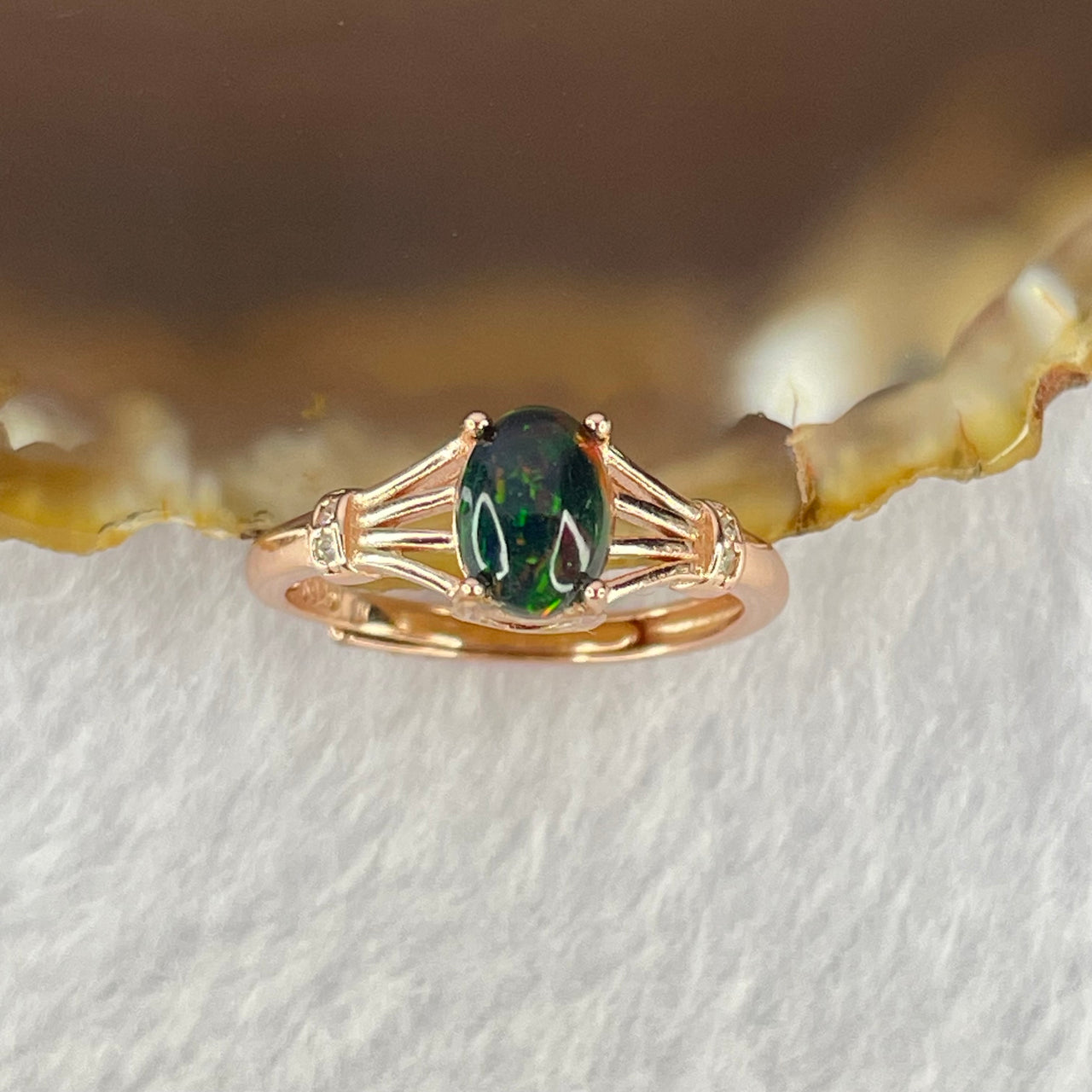 Natural Black Opal with Crystals In S925 Sliver Ring in Rose Gold Color Ring (Adjustable Size) 1.46g 6.6 by 5.0 by 3.4mm - Huangs Jadeite and Jewelry Pte Ltd
