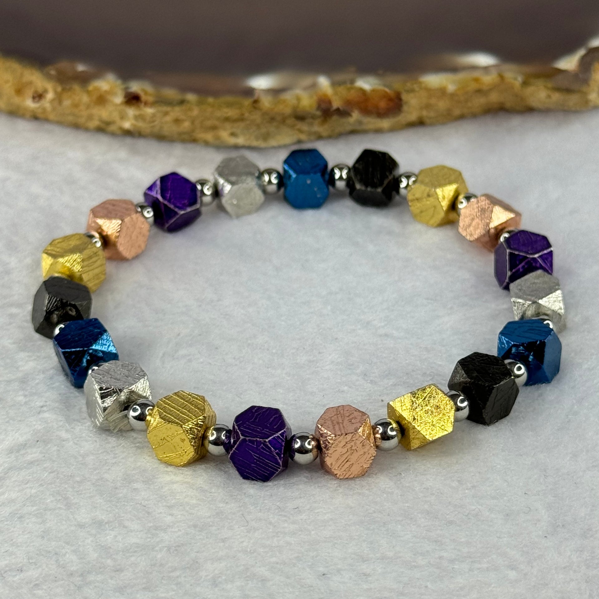 Natural Meteorite in Multi Color Blocks with Mini Stainless Steel Beads Bracelet 天然天铁手链 6.4mm 16cm 19 pcs - Huangs Jadeite and Jewelry Pte Ltd
