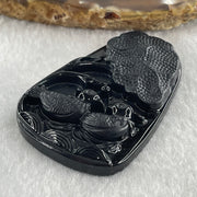 Type A Opaque to Partial Translucent Black Omphacite Jadeite Mandarin Ducks Pair and Lotus Leaf Pendant 20.70g 51.7 by 33.7 by 8.6mm - Huangs Jadeite and Jewelry Pte Ltd