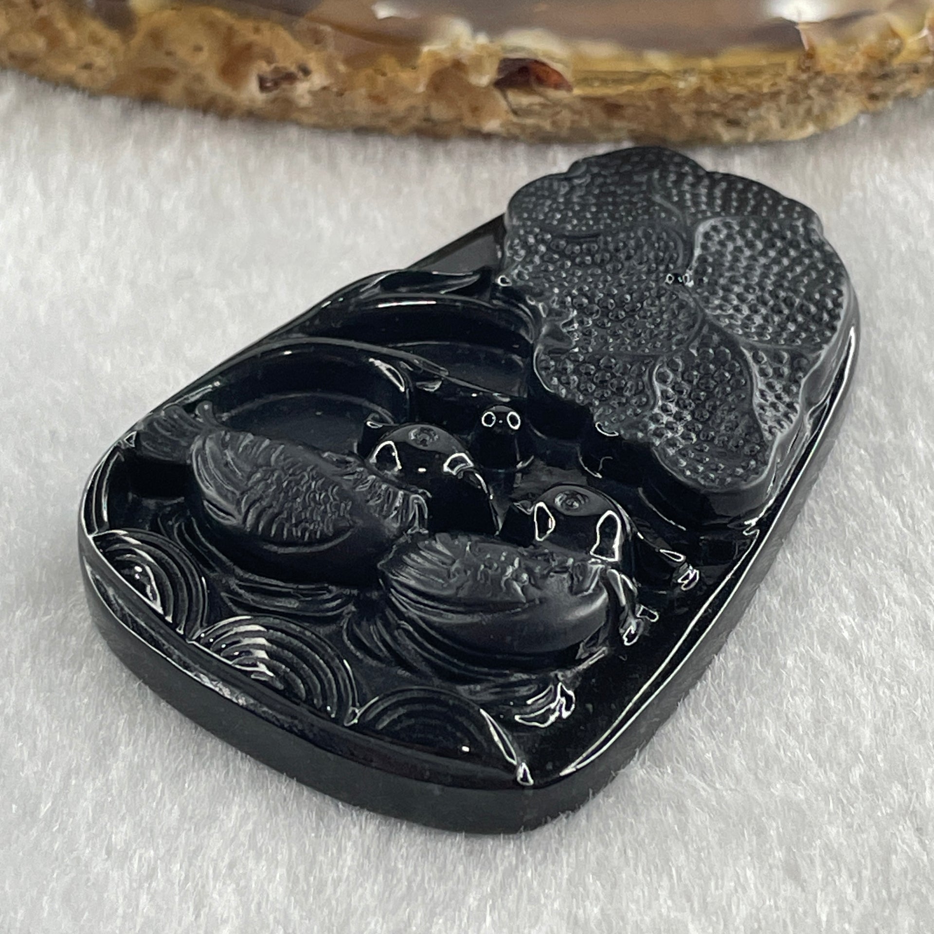 Type A Opaque to Partial Translucent Black Omphacite Jadeite Mandarin Ducks Pair and Lotus Leaf Pendant 20.70g 51.7 by 33.7 by 8.6mm - Huangs Jadeite and Jewelry Pte Ltd