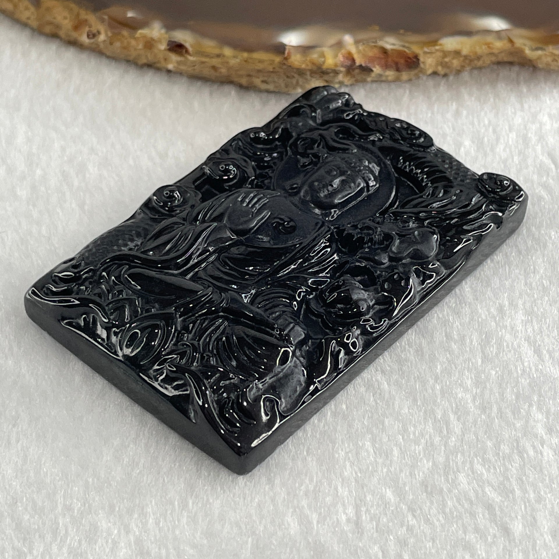 Type A Opaque to Partial Translucent Black Omphacite Jadeite Amitabha Buddha with Dragon Pendant Dog and Boar Pig Zodiac Guardian 37.44g 62.5 by 41.7 by 9.7mm - Huangs Jadeite and Jewelry Pte Ltd