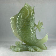 Natural Green Serpentine Carp Fish with Gui ren and Lotus with Wooden Stand Display 2277.9g 215.0 by 120.0 by 250.0mm - Huangs Jadeite and Jewelry Pte Ltd