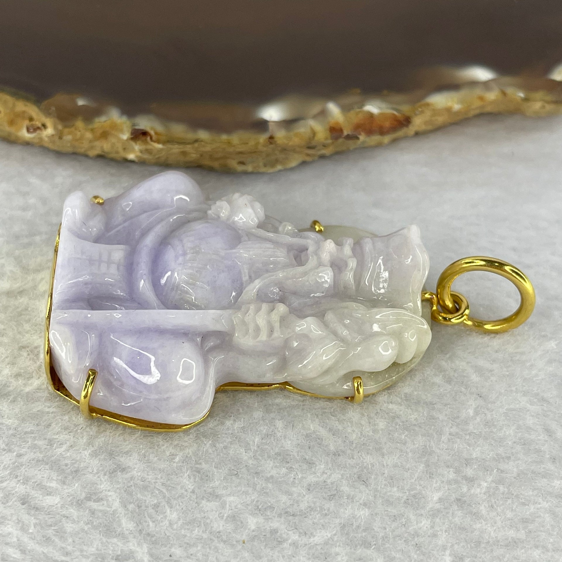 Pre-Love Type A Lavender Jadeite Tu Di Gong in 916 Yellow Gold Setting Large Clasp Inner Diameter 9.3mm suitable for very thick Gold Chain - Huangs Jadeite and Jewelry Pte Ltd
