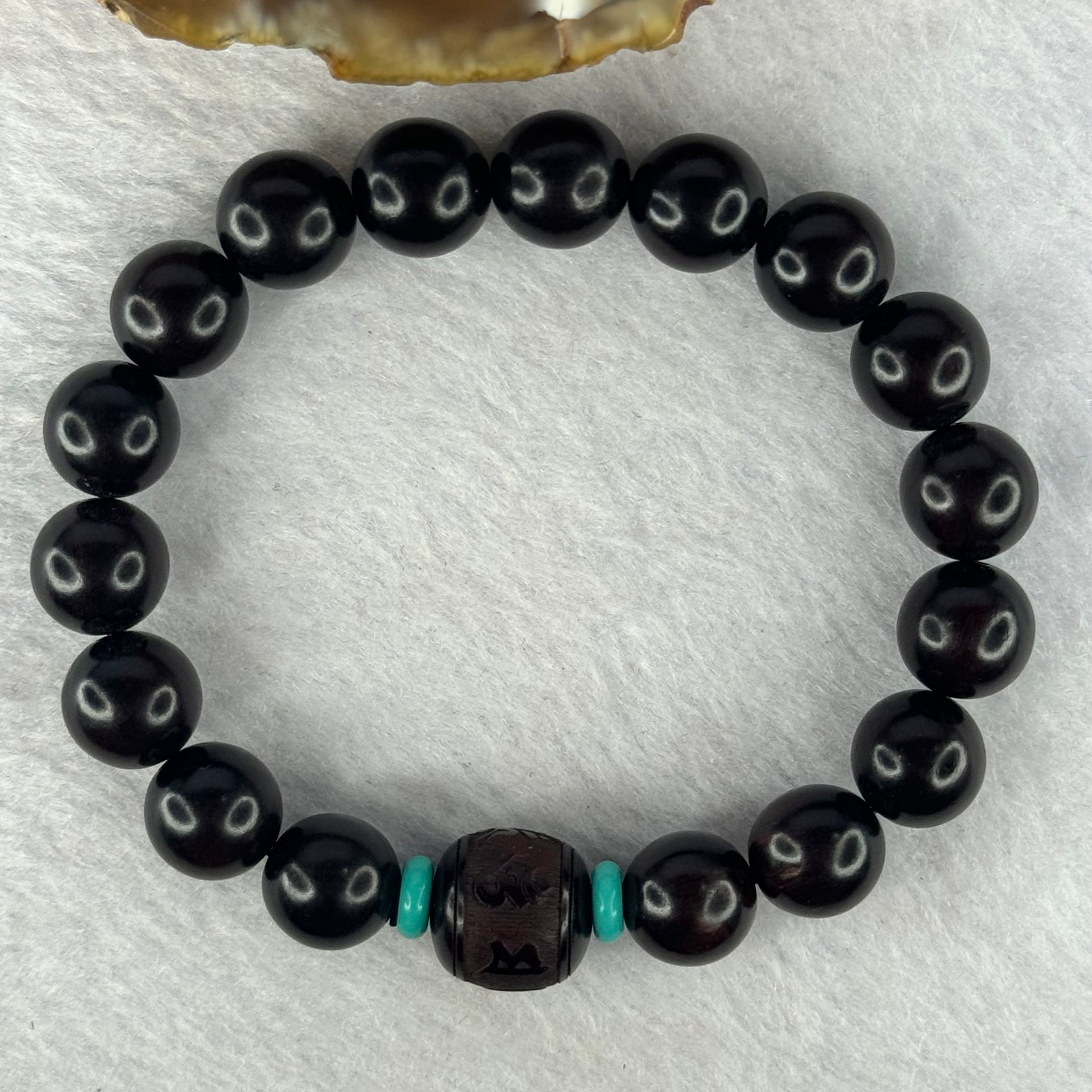 Natural India Zitan 天然小叶字檀木 Om Ma ni Padme Hum 六字真言 Beads Bracelet with Turquoise (Sinking Type) 11.63g 15.5cm 10.1mm by 17 Beads, 12.0mm 1 Bead - Huangs Jadeite and Jewelry Pte Ltd