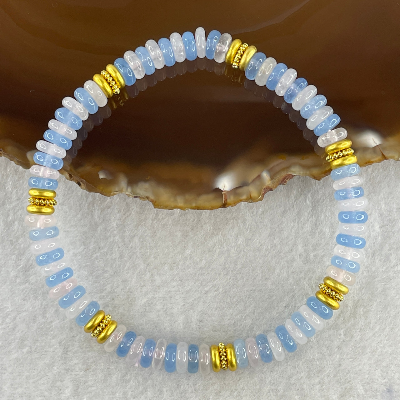 Certified Natural Blue Aquamarine Donut Beads Bracelet 12.90g 18cm 6.7mm 68Beads