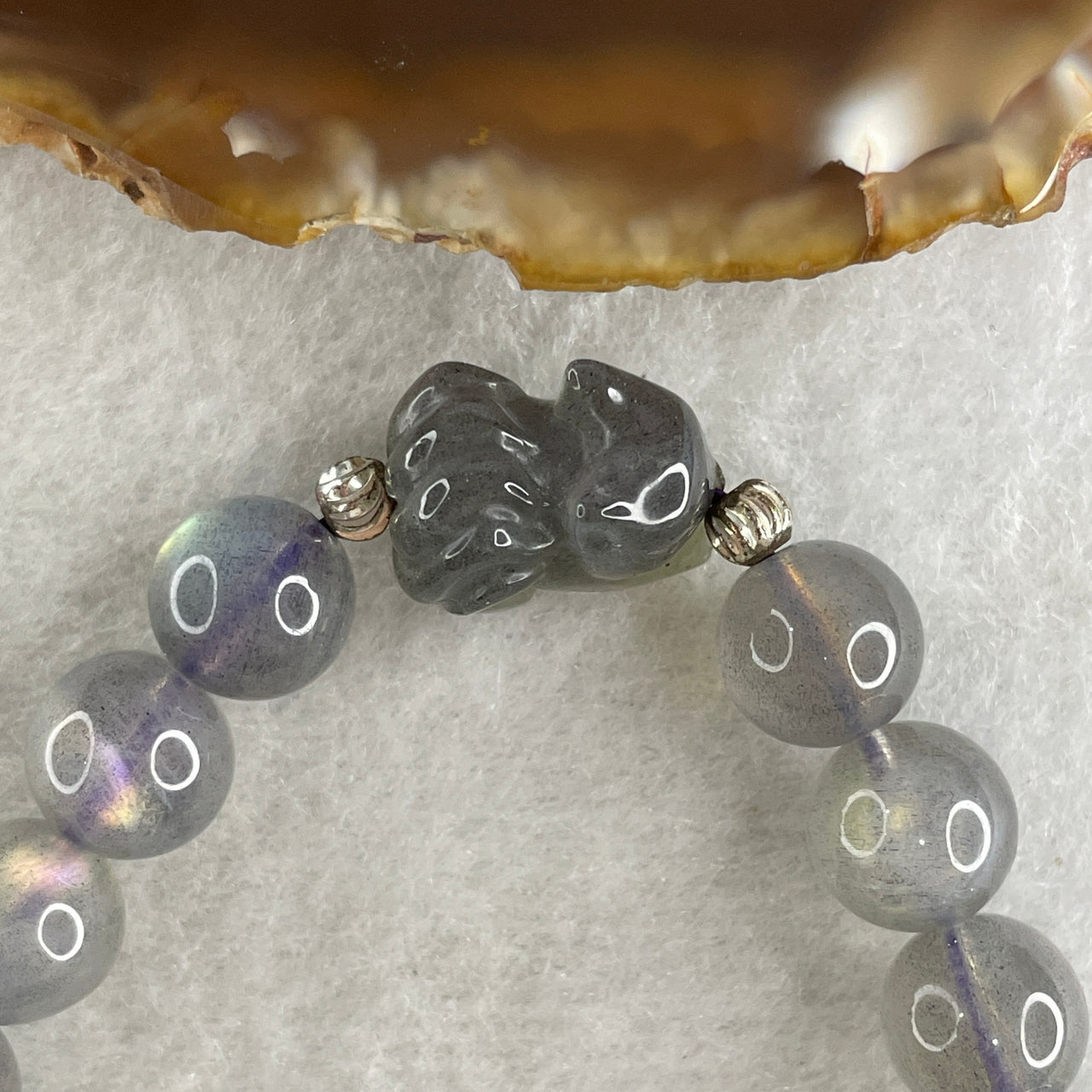 Natural Labradorite Beads Bracelet with 9 Tail Fox Charm 24.55g 16.5cm 9.5mm 19 Beads - 17.3 by 11.2 by 11.3mm 9 Tail Fox - Huangs Jadeite and Jewelry Pte Ltd