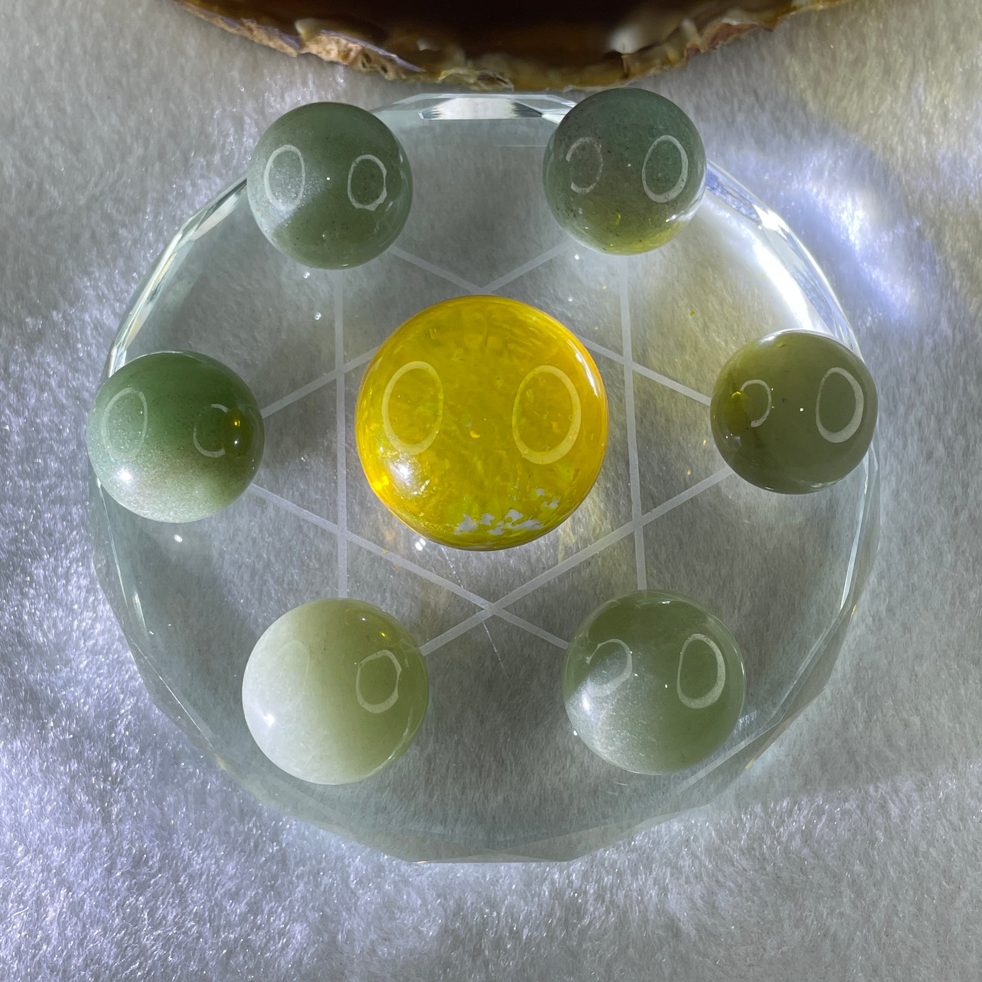 Natural Green Aventurine 20.8mm with Yellow Liuli 29.5mm 7 Sphere Balls Set with 7 Star Base Display 332.9g 100.8 by 40.5mm - Huangs Jadeite and Jewelry Pte Ltd