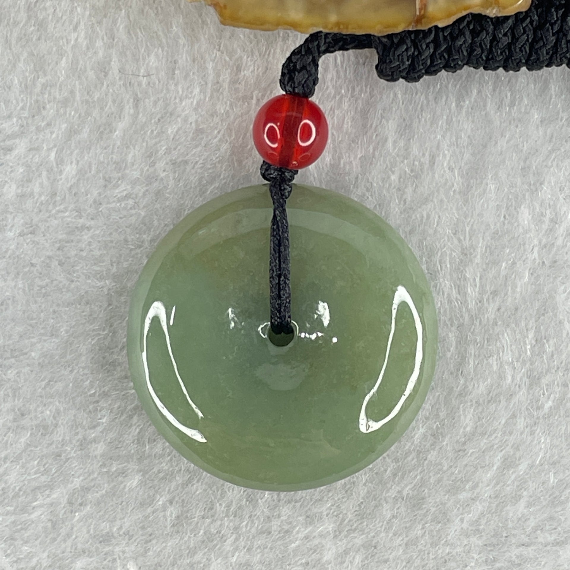 Natural Type A Green Jadeite Ping An Kou Donut Pendant in String Necklace 9.58g 24.7 by 7.1mm - Huangs Jadeite and Jewelry Pte Ltd