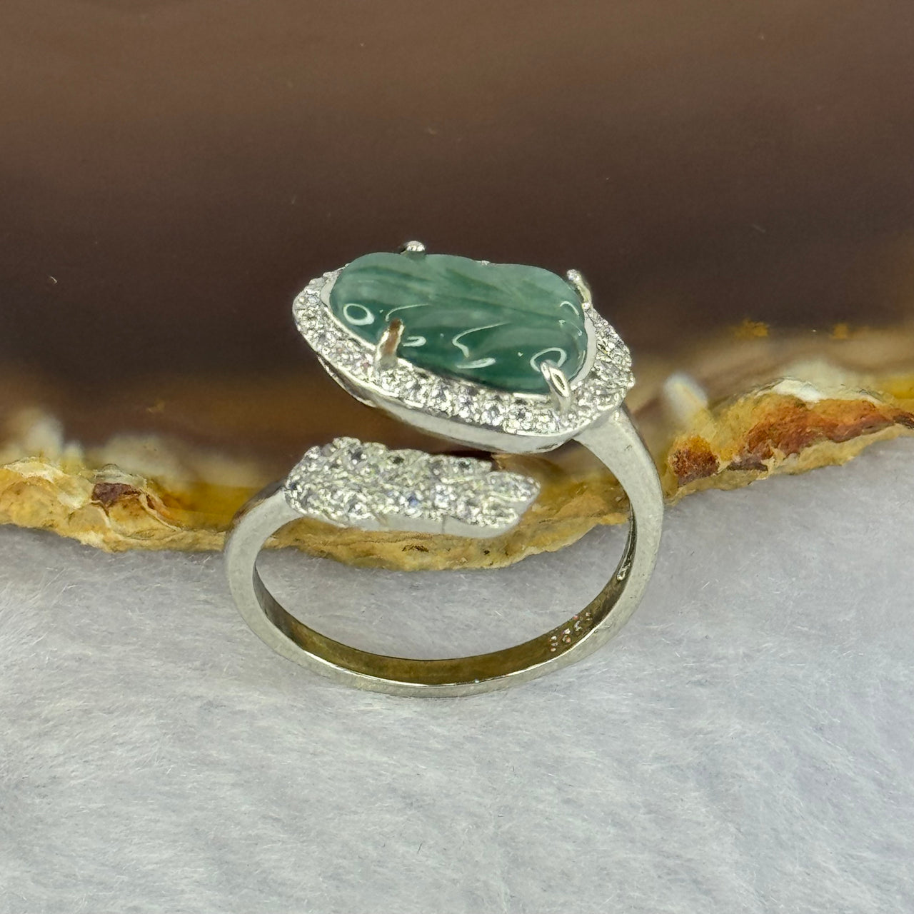 Type A Icy Blueish Jadeite Leaf with Crystals in S925 Sliver Ring (Adjustable Size) 2.60g 12.3 by 7.4 by 2.0mm - Huangs Jadeite and Jewelry Pte Ltd