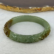 Type A Blueish Green and Brown Patches Jadeite Lotus Flowers Bangle 39.19g Internal Diameter 55.2mm 10.9 by 8.2mm - Huangs Jadeite and Jewelry Pte Ltd