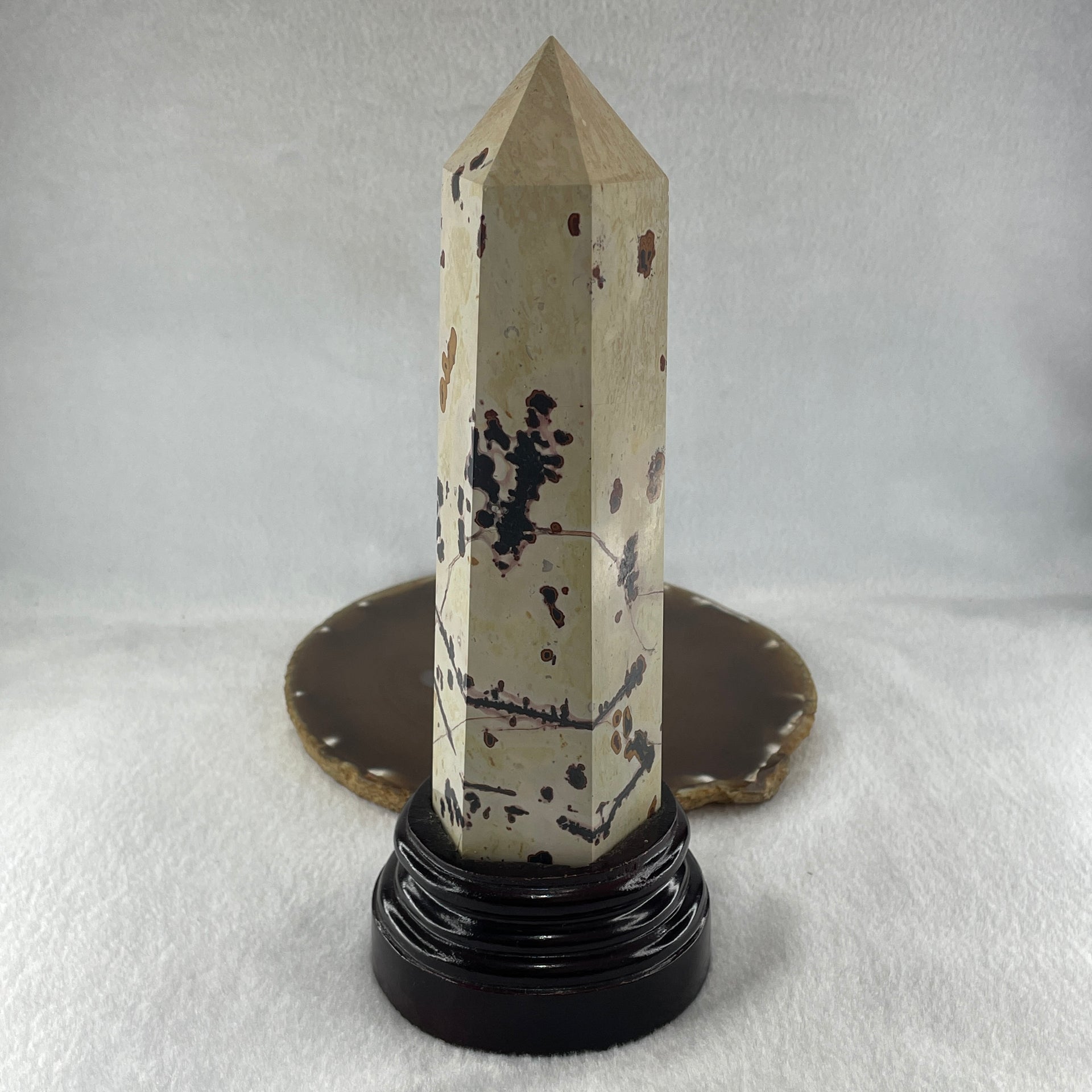 Natural Ligh Brown with Dark Brown Patches Dendritic Jasper Tower with Wooden Stand 681.17g 79.6 by 73.9 by 200.0mm - Huangs Jadeite and Jewelry Pte Ltd