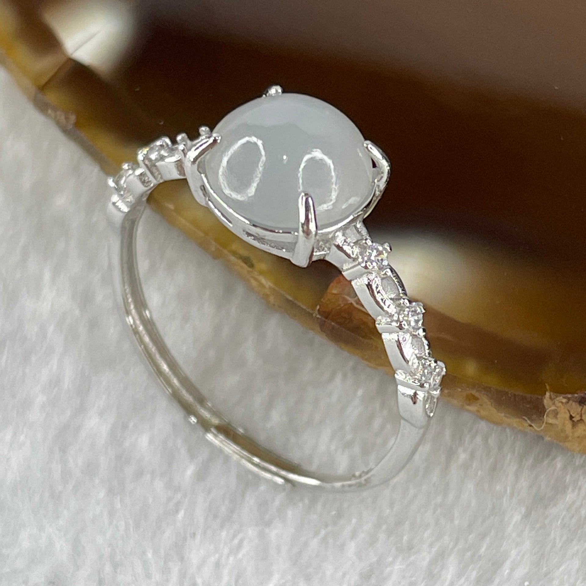 Natural Type A Semi Icy Faint Lavender Jadeite Round Shape Cabouchon in S925 Silver Ring (Adjustable Size) 1.18g 7.9 by 7.1 by 4.0mm - Huangs Jadeite and Jewelry Pte Ltd