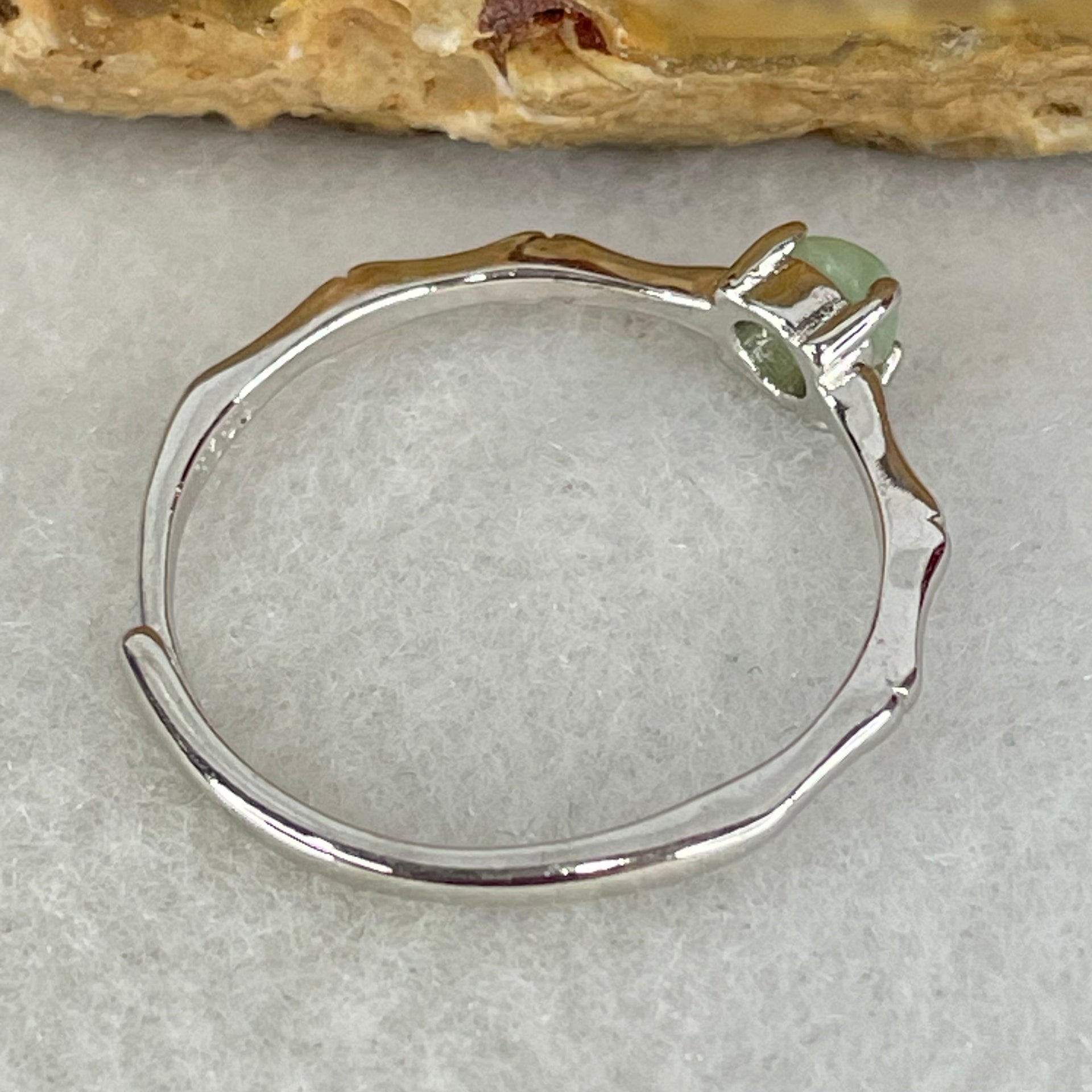 Type A Apple Green Cabochon Jadeite in S925 Sliver Bamboo Ring (Adjustable Size) 1.07g 3.8 by 2.5mm - Huangs Jadeite and Jewelry Pte Ltd