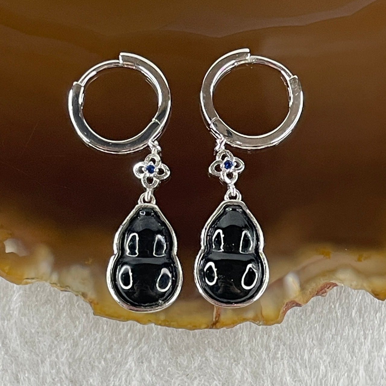 Type A Fully Translucent Black Omphacite Jadeite Hulu 11.9 by 7.2 by 2.5mm with Cubic Zirconia in S925 Silver Earrings 4.28g - Huangs Jadeite and Jewelry Pte Ltd
