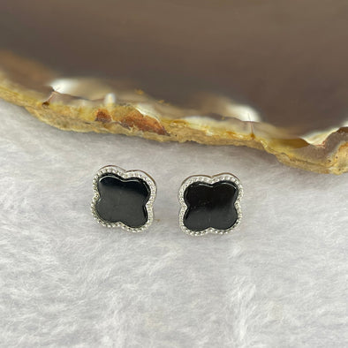 Type A Translucent Black Jadeite Clover Earrings in 925 Silver 1.79g 11.0 by 1.6mm (Silver Color) - Huangs Jadeite and Jewelry Pte Ltd