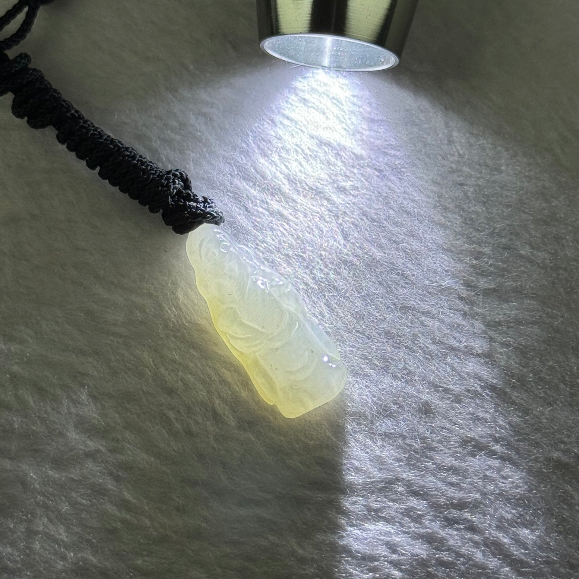 Type A Semi Icy Cai Shen Ye God of Fortune 4.93g 31.5 by 12.5 by 6.0mm - Huangs Jadeite and Jewelry Pte Ltd