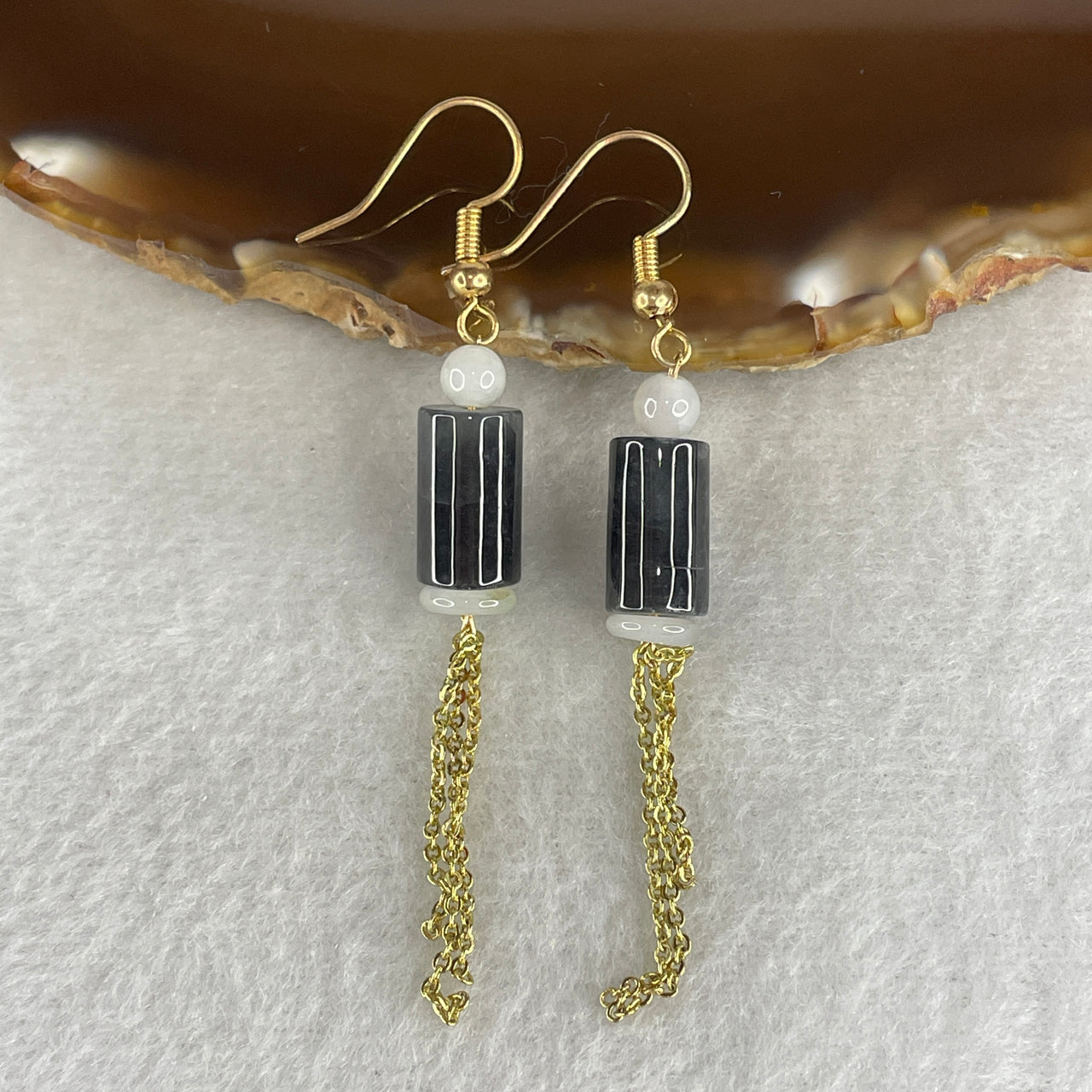 Natural Type A Light Grey Wuji Jadeite Earrings | Gold Color Lulutong Barrel Bead Dangling Drop Earrings (5.51g, 12.7x7.6mm)
