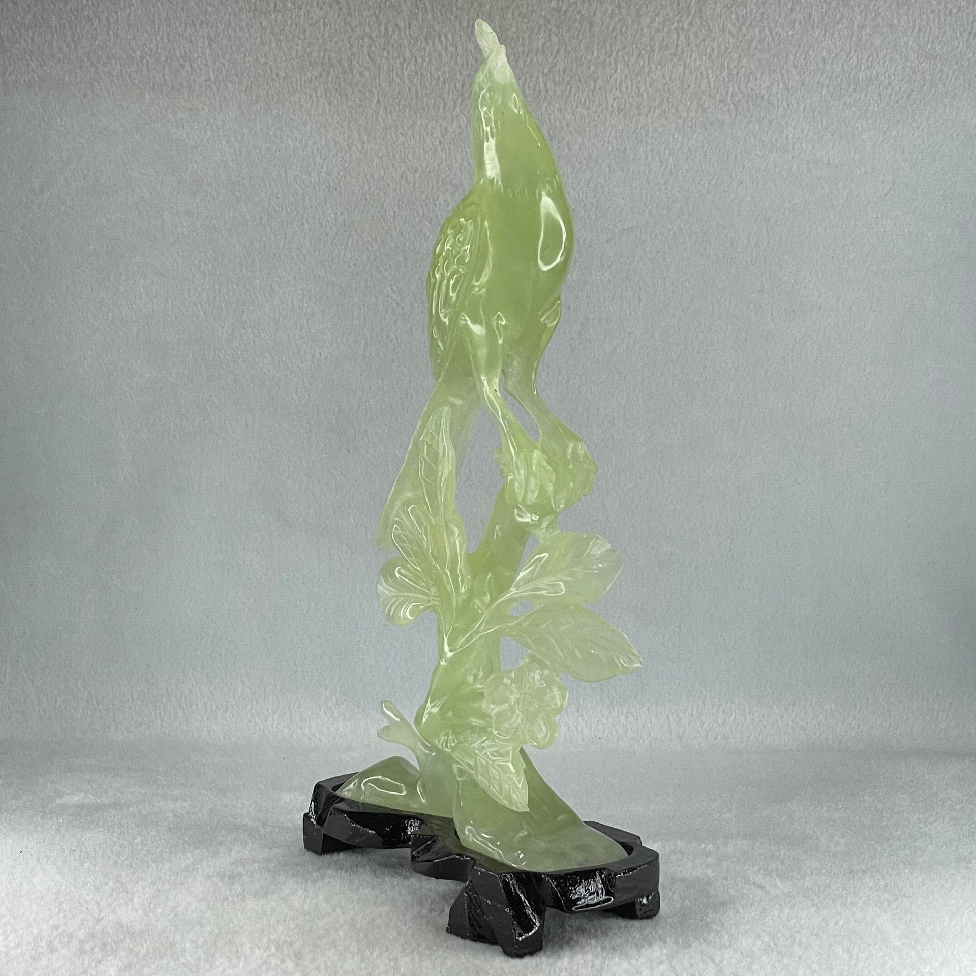 Natural Green Serpentine Javan Mynah Birds on Tree with Wooden Stand Display 388.9g 130.0 by 258.0 by 64.0mm - Huangs Jadeite and Jewelry Pte Ltd