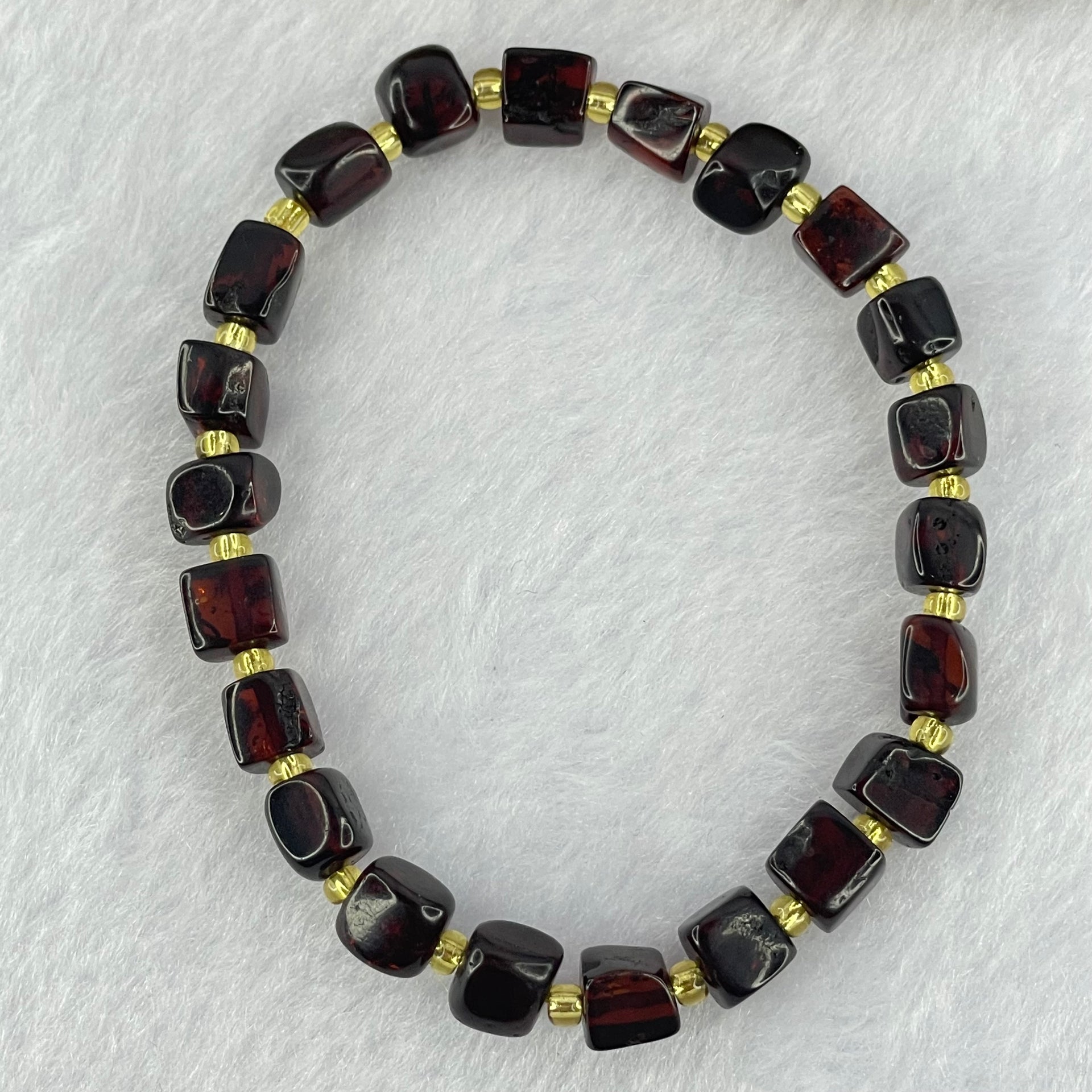 Natural Dark Blood Red Amber Cubes Bracelet 天然血珀手链 4.89g 15.5cm 6.3mm 22 Beads - Huangs Jadeite and Jewelry Pte Ltd