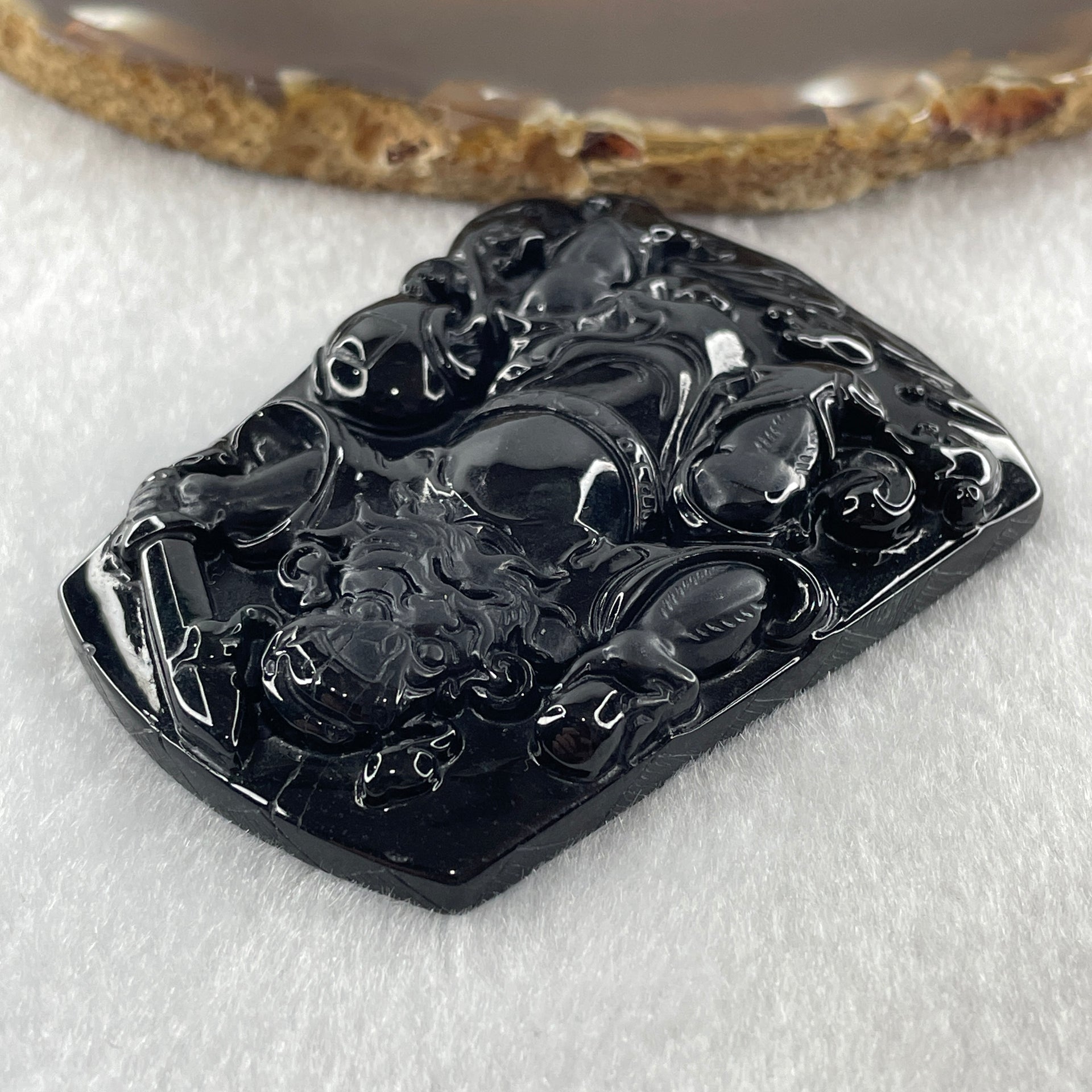 Type A Opaque to Partial Translucent Black Omphacite Jadeite Zhong Kui Pendant 37.41g 64.9 by 49.5 by 8.8mm - Huangs Jadeite and Jewelry Pte Ltd