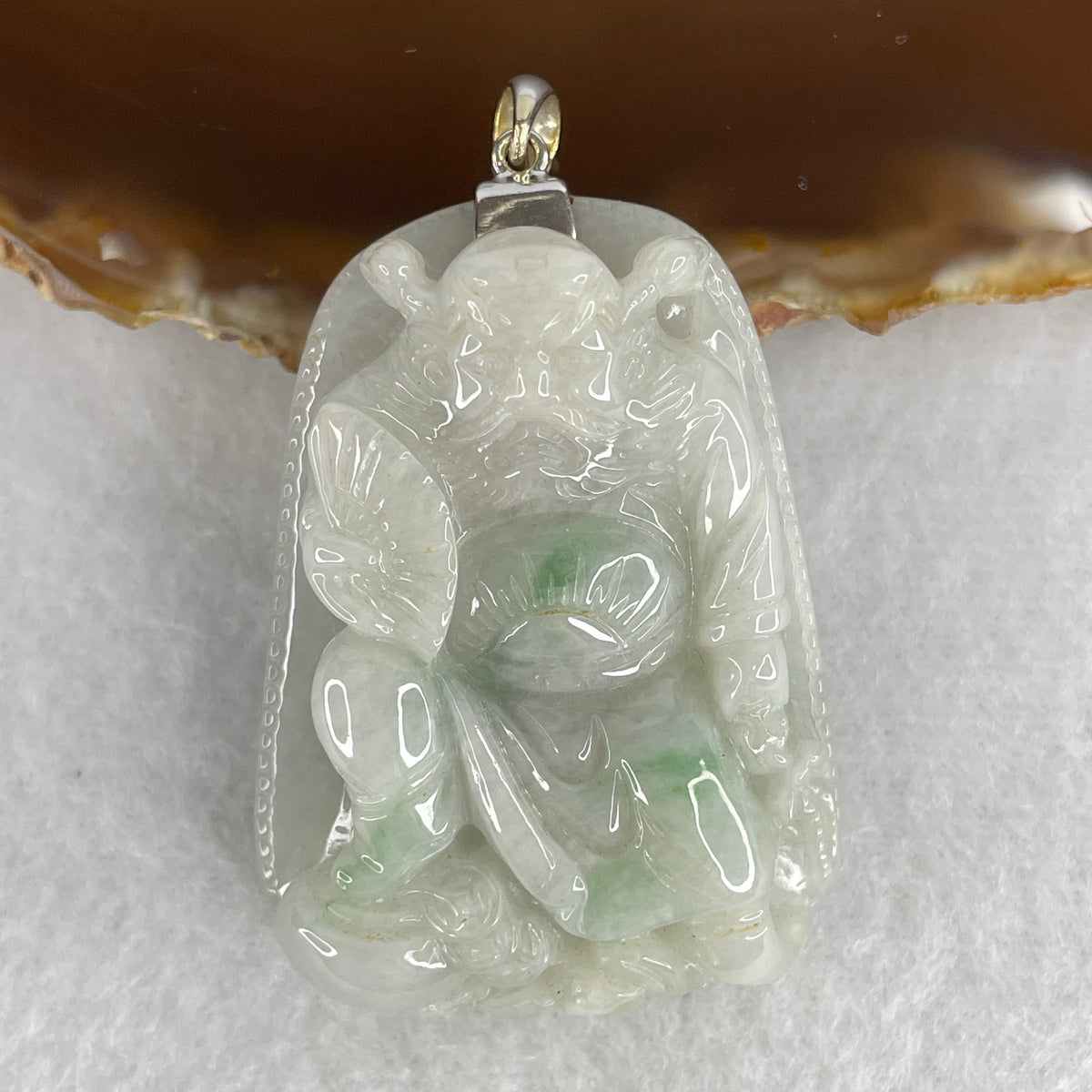 (Pre-Love) Lotus on Water by Yun Long Zi | Certified Type A Light Green with Green Piao Hua Jadeite Zhong Kui Stepping on Gold Pendant with 18K White Gold Clasp (48.99g | 48.0x35.0x15.6mm | Ultimate Wealth Magnet & Protective Feng Shui Talisman)