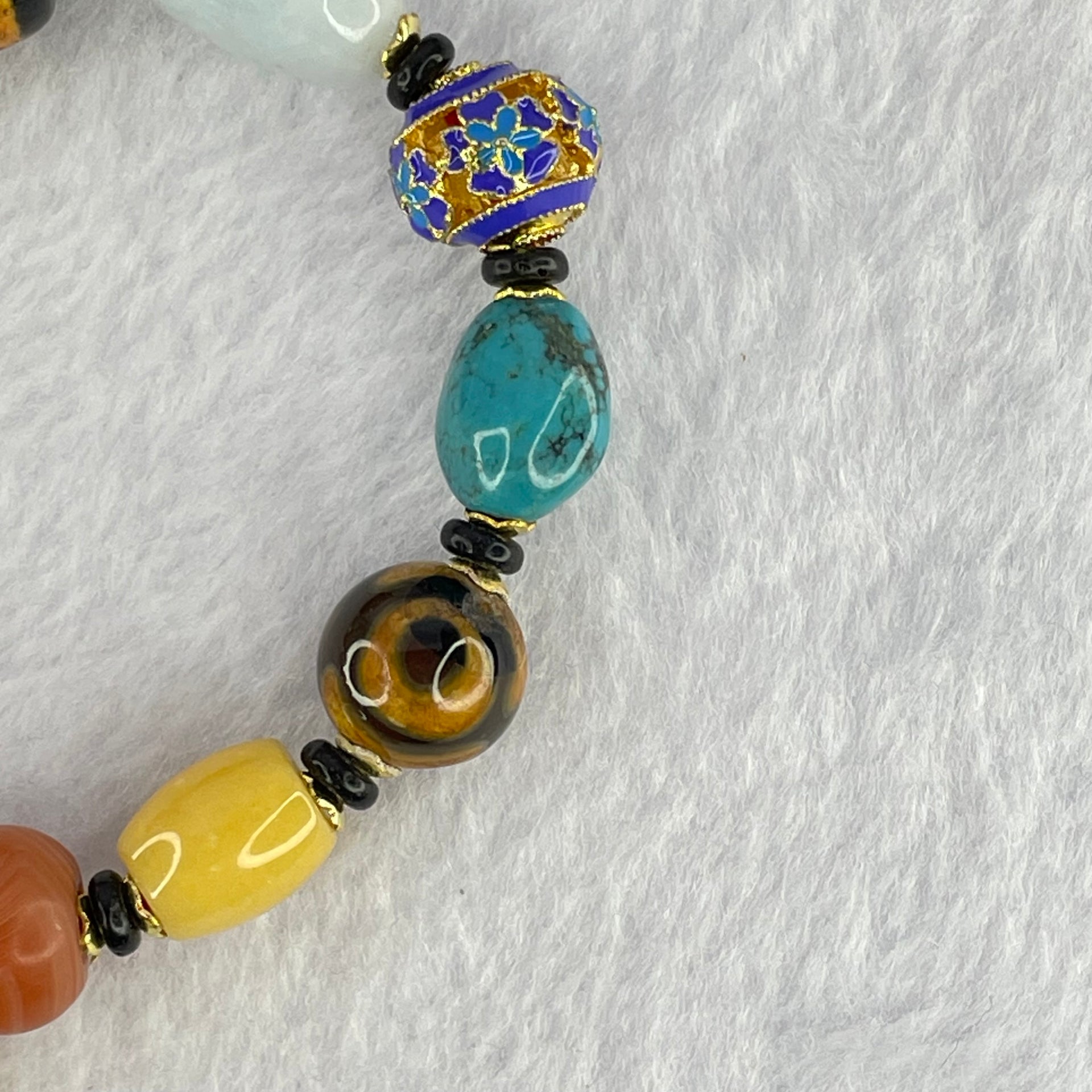 Muti Treasure with Tibetan Old Oily Agate Dzi Beads 3 Eye with Natural Crystals Beads Bracelet 37.56g 16.5cm 21.8 by 13.5mm, 11.2 by 11.7mm, 9.8 by 10.3mm - Huangs Jadeite and Jewelry Pte Ltd