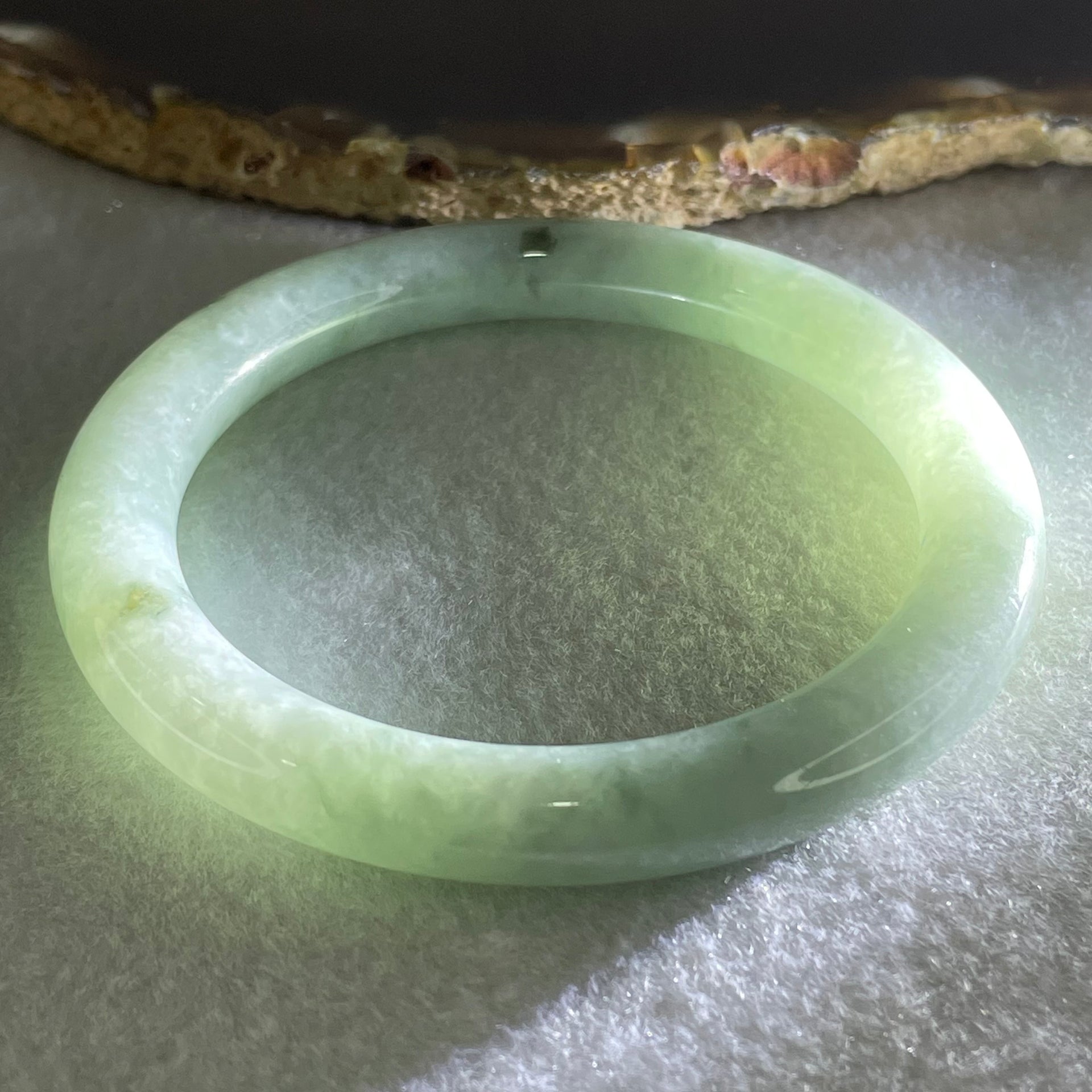 Type A Light Green with Blueish Green piao Hua Floral Jadeite Bangle 41.11g Inner Diameter 55.8mm 8.4 by 9.2mm (Very Slight Internal Lines) - Huangs Jadeite and Jewelry Pte Ltd