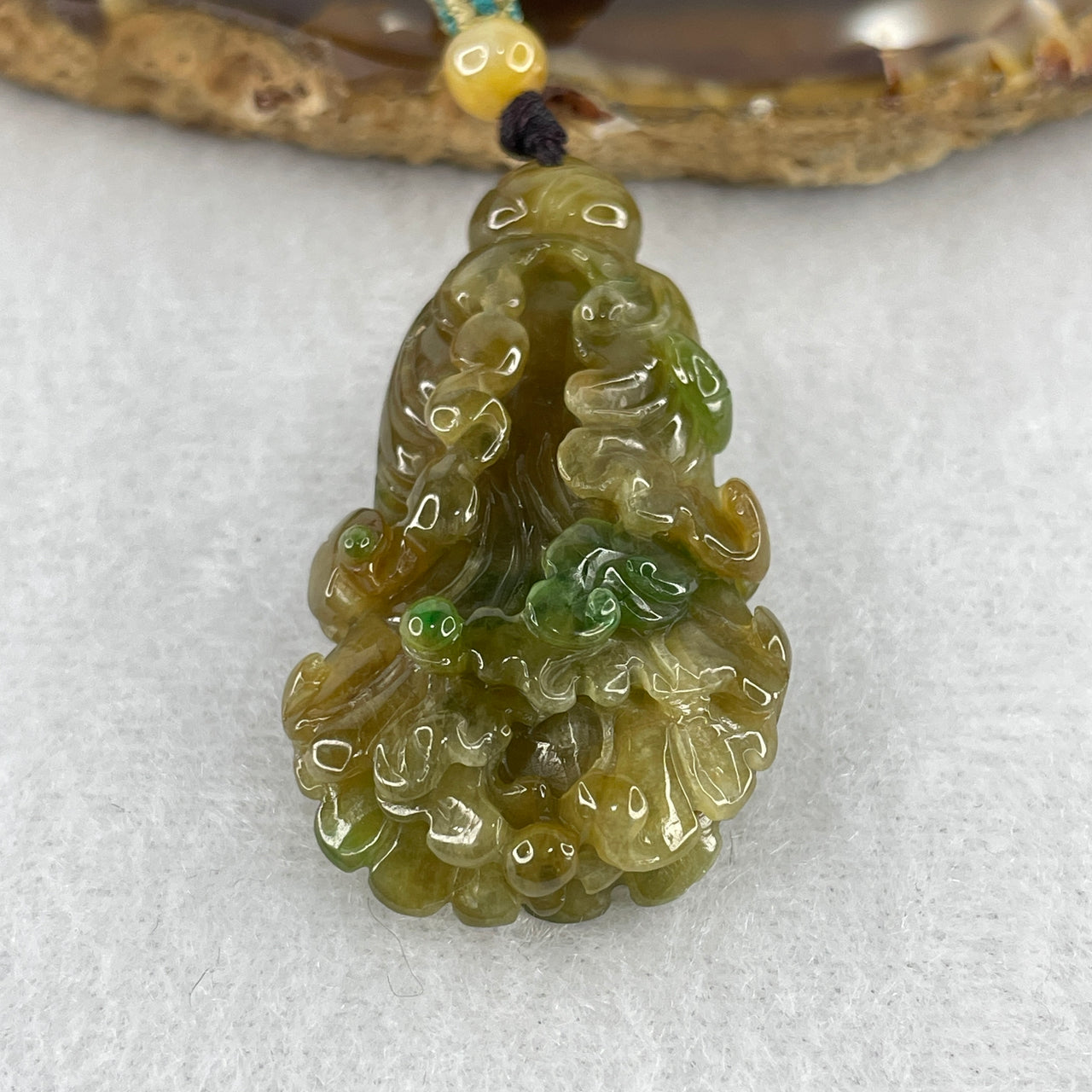 Certified Natural Type A Brownish & Spicy Green Piao Hua Jadeite Cabbage Pendant | Masterpiece Three-Dimensional Hand-Carving | Ultimate Myanmar Feicui Infinite Wealth Gathering Amulet (14.46g | 40.6x23.0x10.8mm)